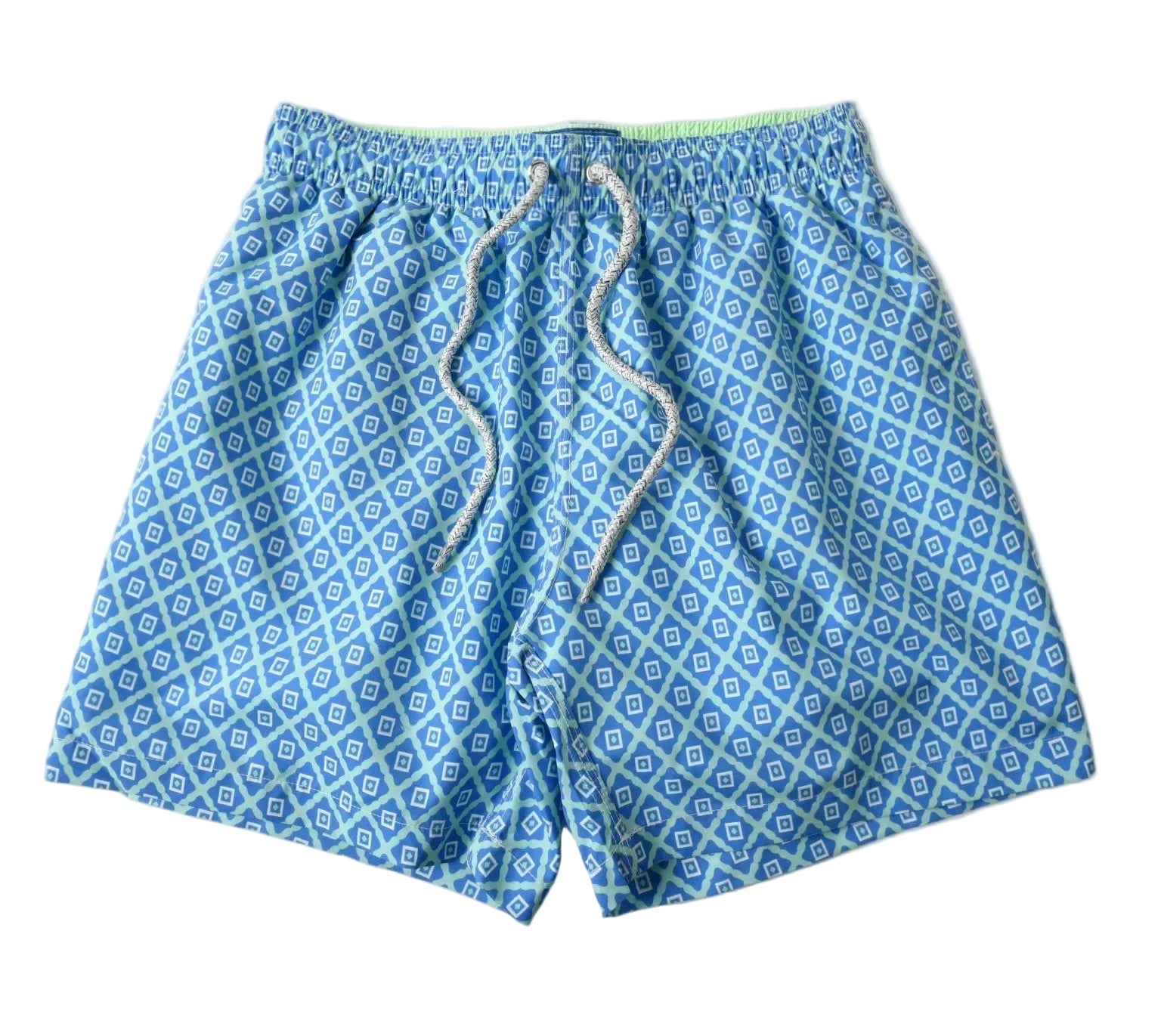 Blue patterned shorts with a drawstring on a white background