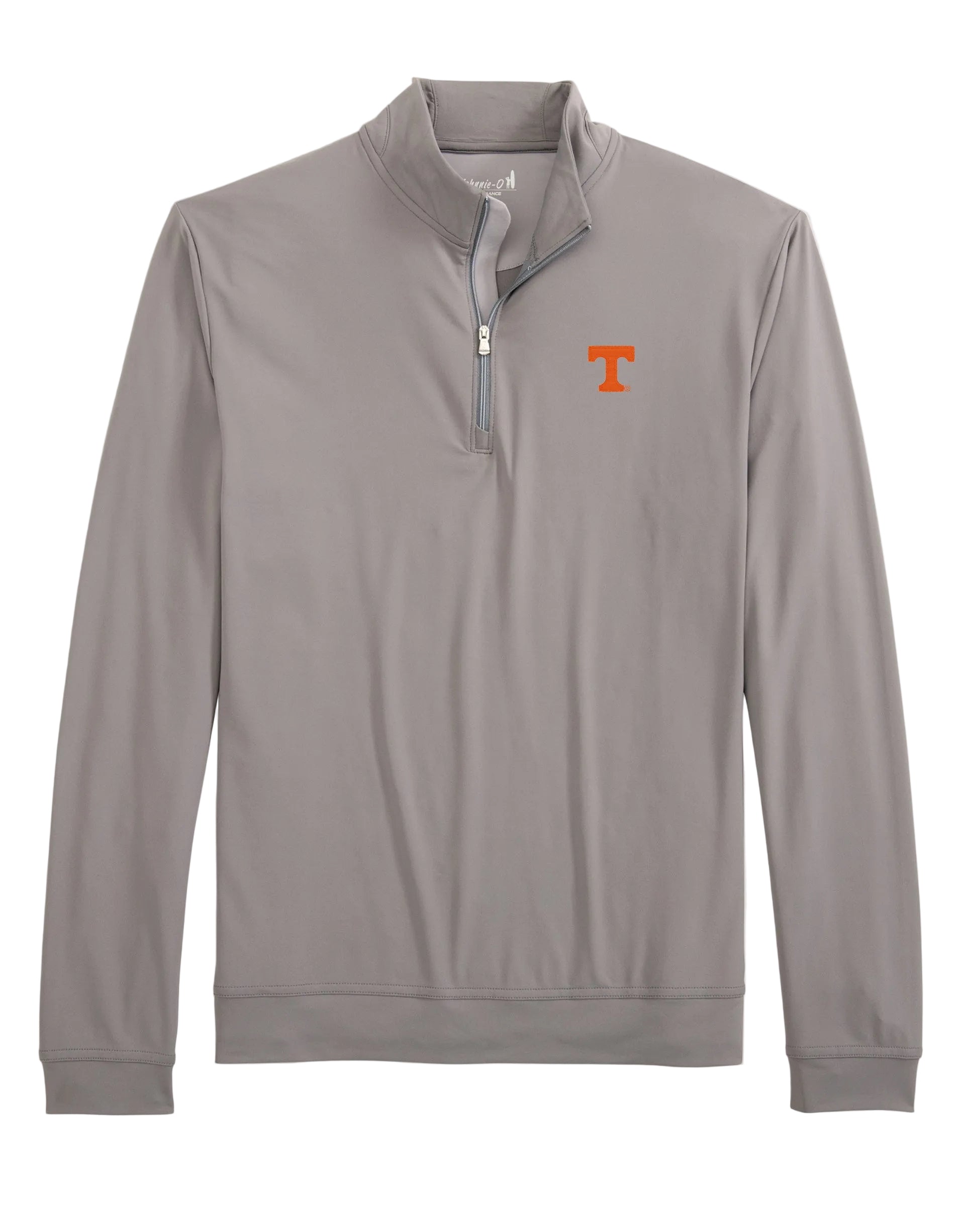 Gray long-sleeve shirt with a logo on a light gray background