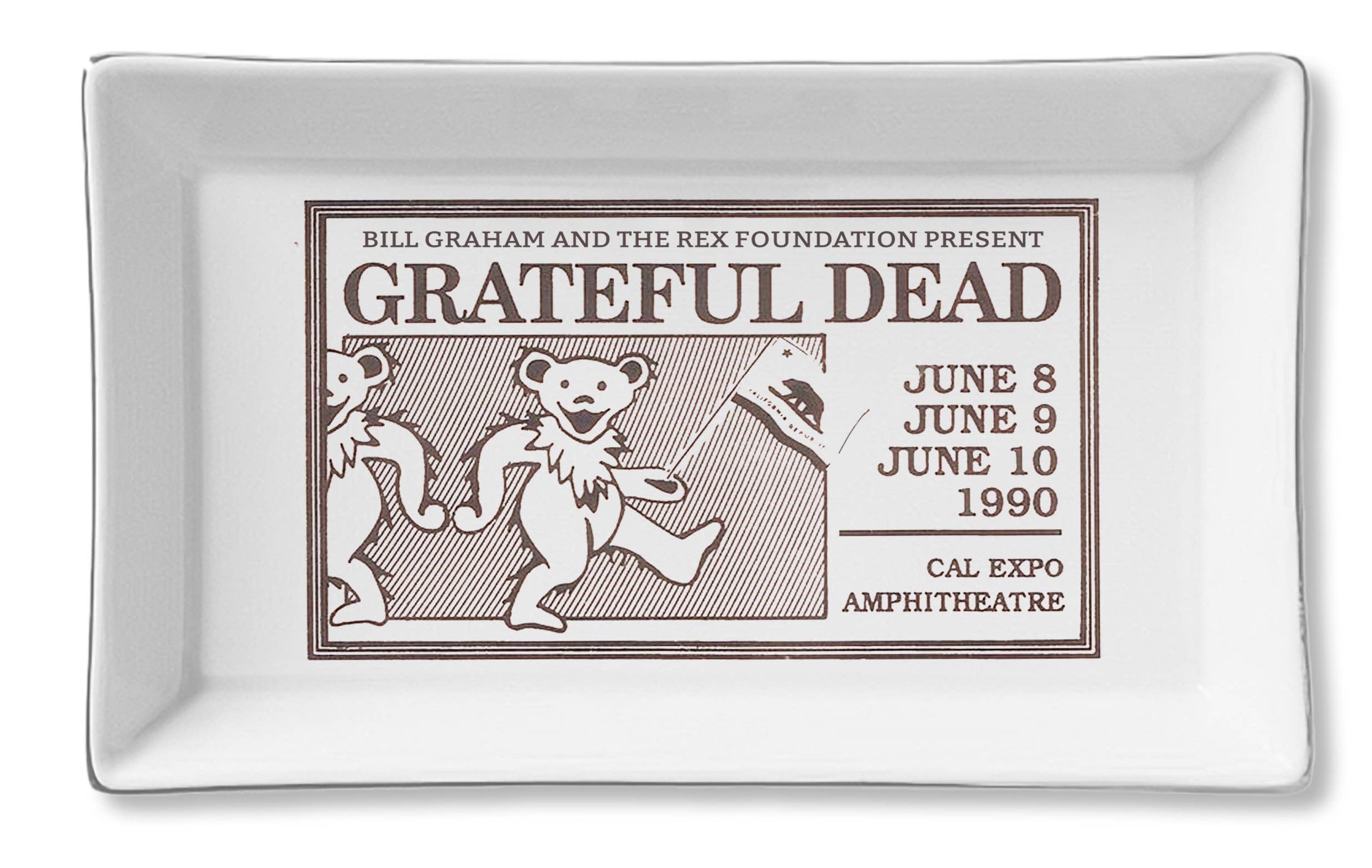 Rectangular white tray with Grateful Dead event information on a white background