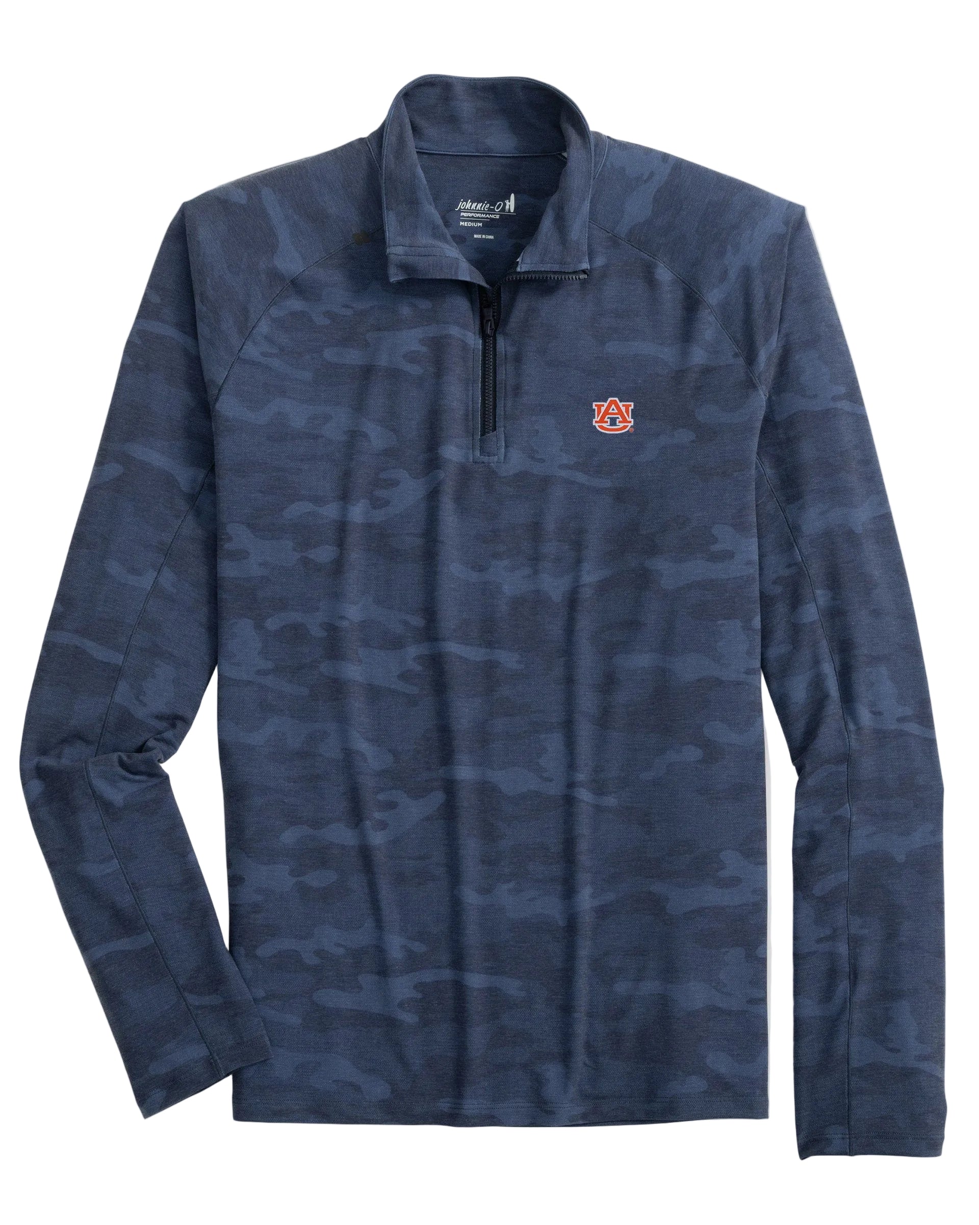 Blue camouflage pullover with a logo on a light gray background