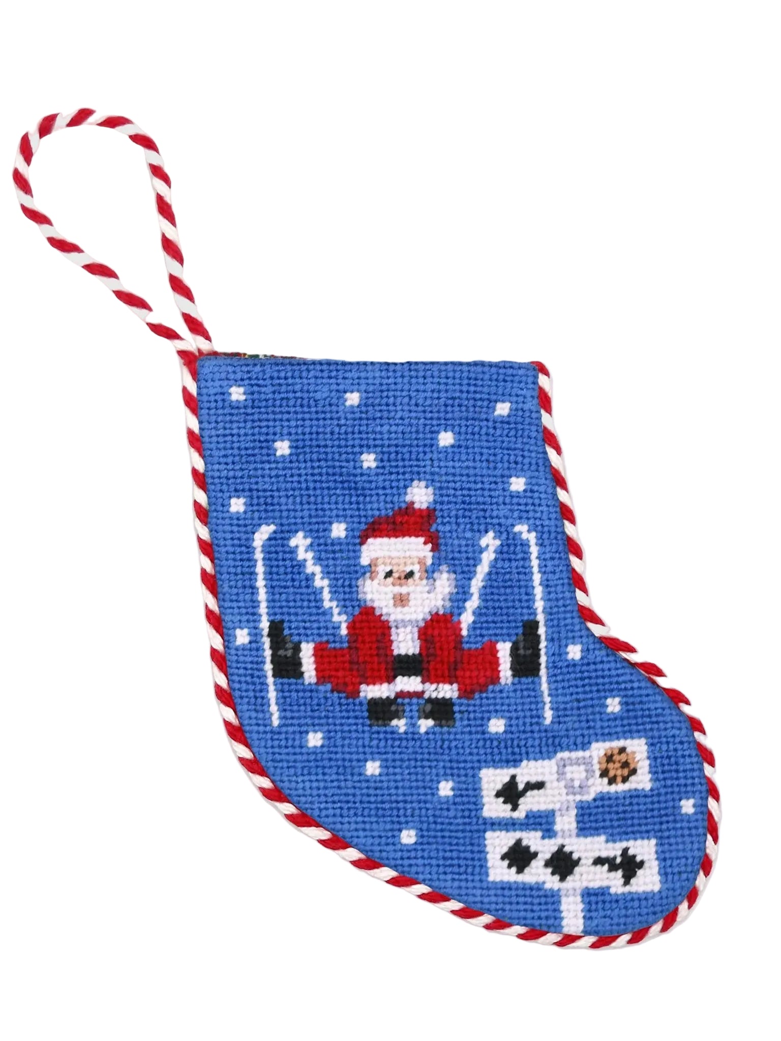 Decorative Christmas stocking with Santa Claus design on a light gray background