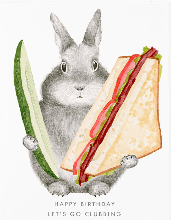 Illustration of a rabbit holding a sandwich with text on a white background