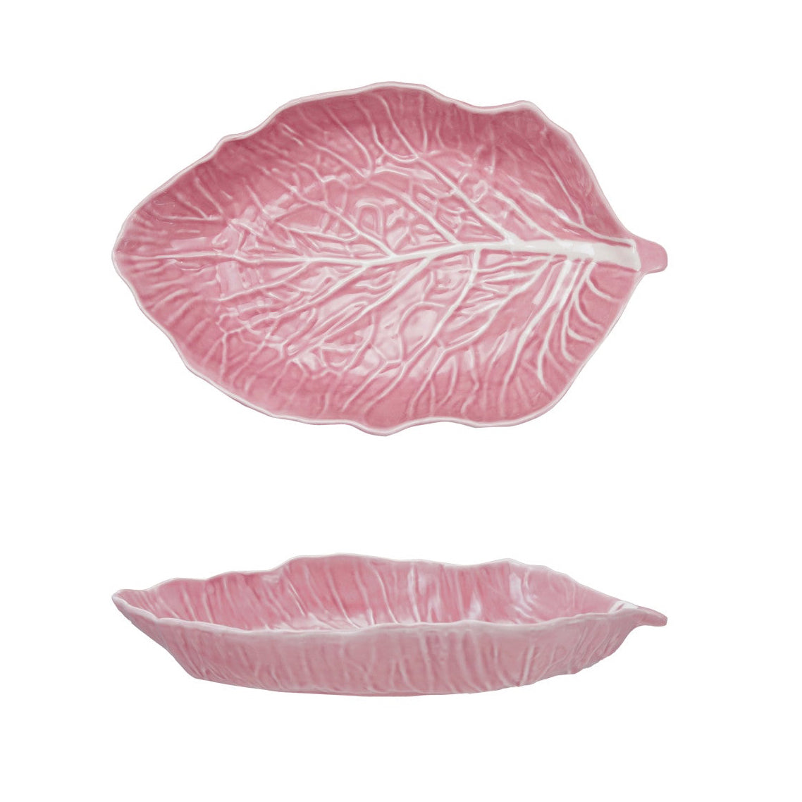 Two pink leaf-shaped ceramic plates on a white background