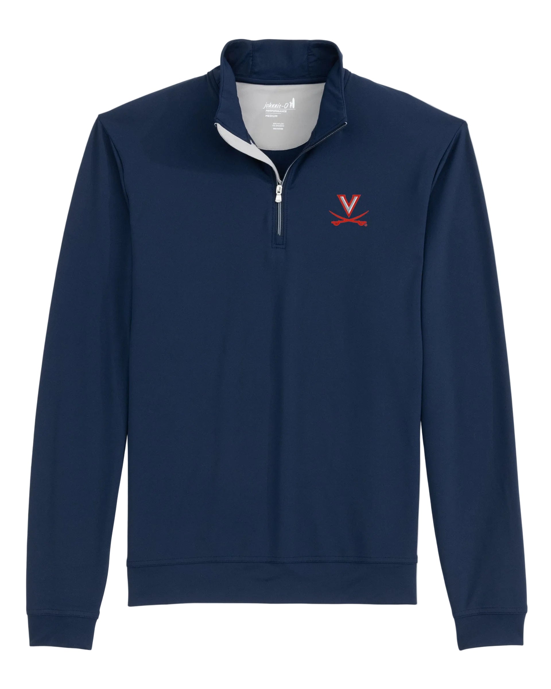 Navy blue quarter-zip sweatshirt with a red logo on a light gray background