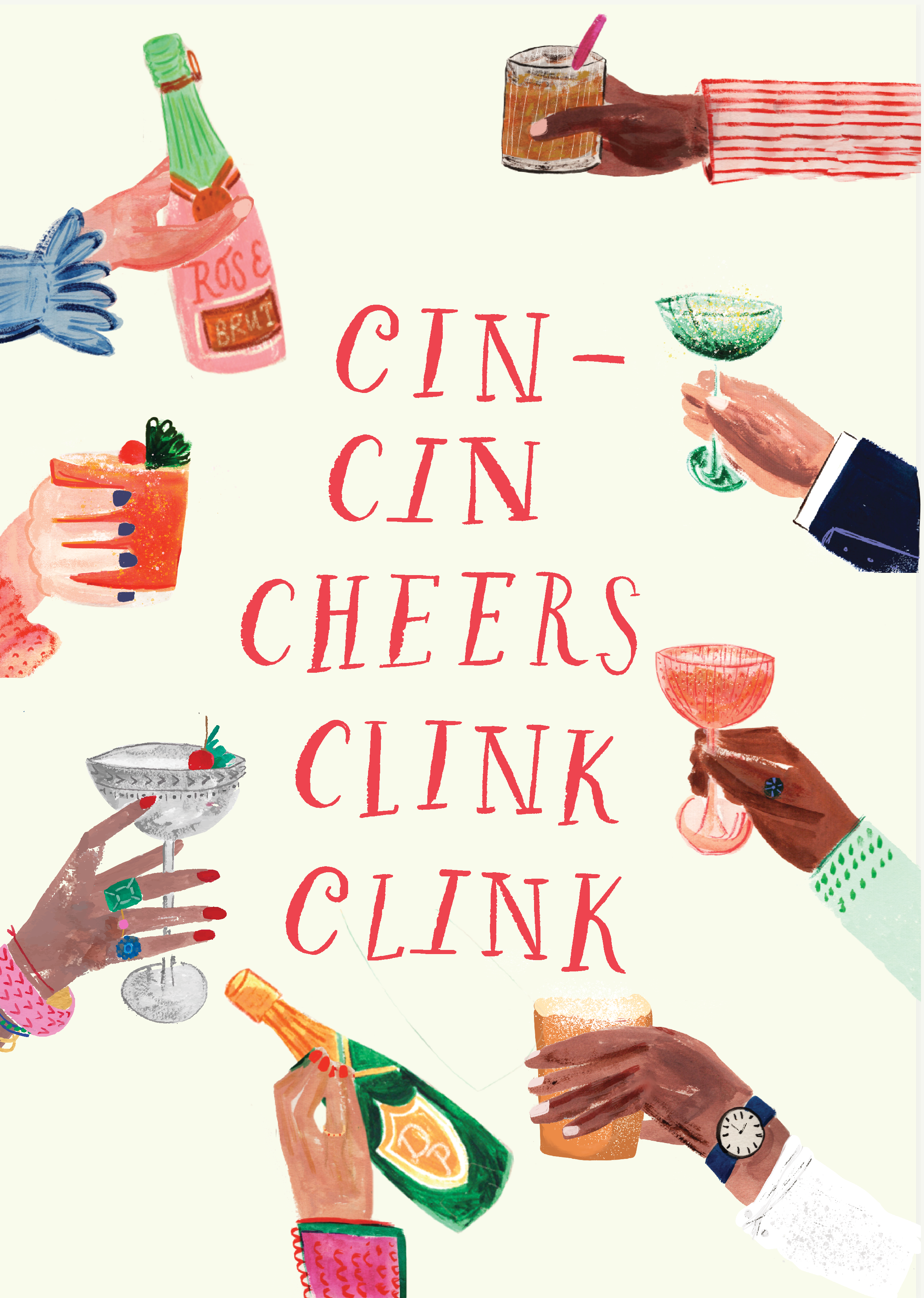Illustration of hands holding drinks with text 'Cin-Cin Cheers Clink Clink' on a white background