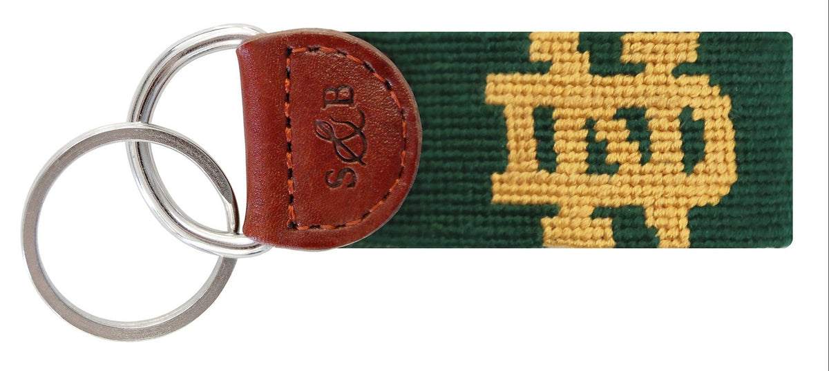 Keychain with green strap and yellow logo on a white background