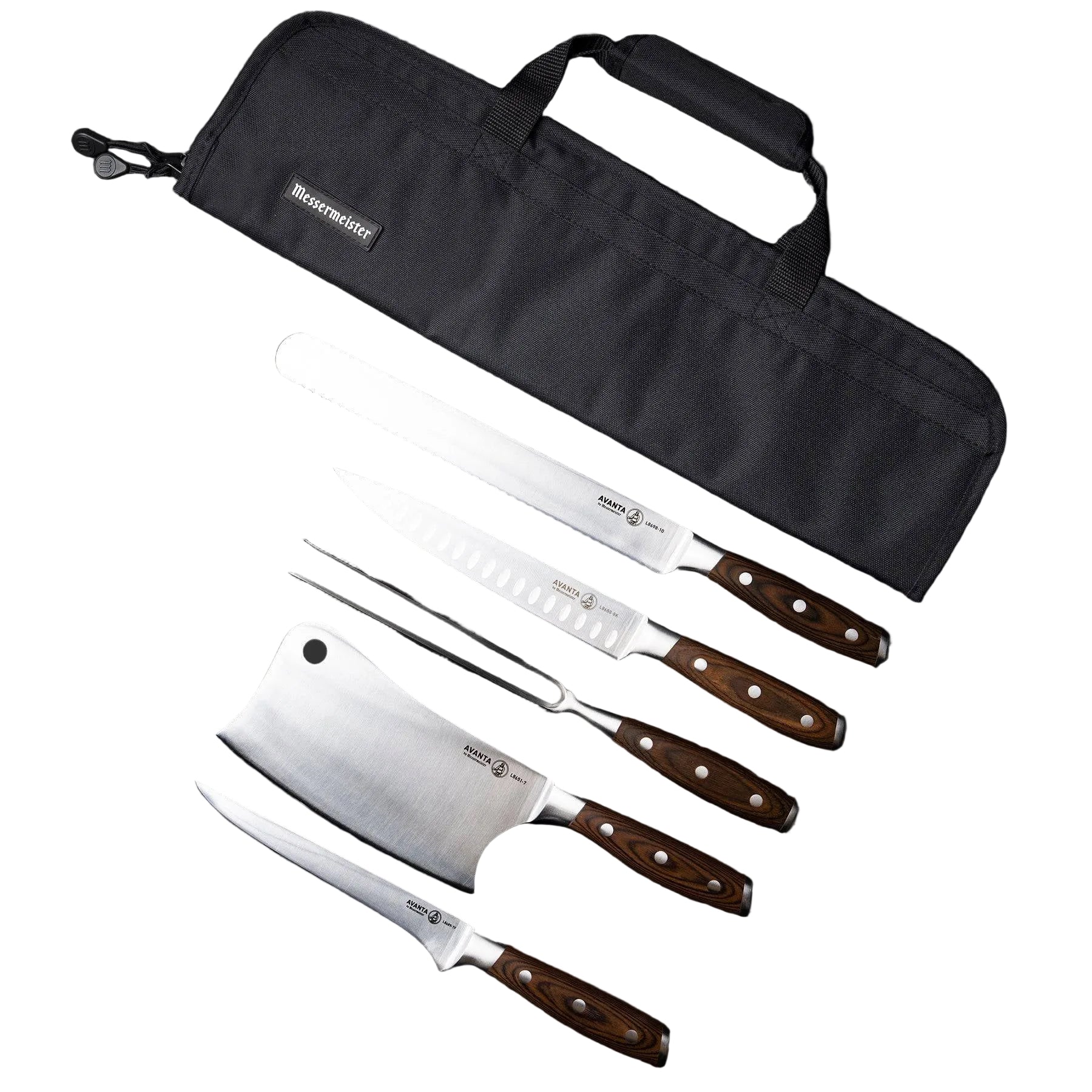 Set of knives with wooden handles on a black background