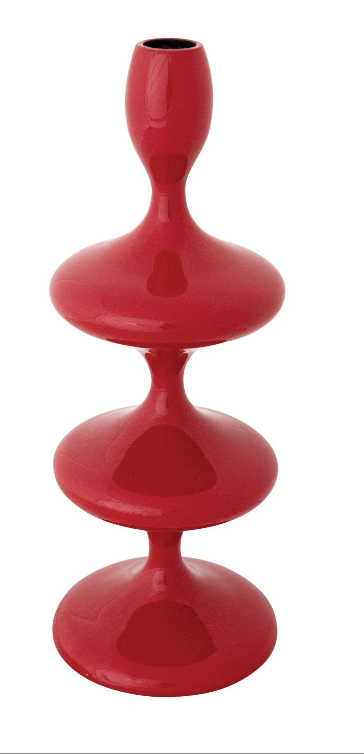 Red ceramic vase with a unique design on a white background