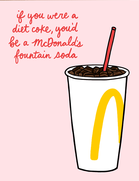 Greeting card with McDonald's-themed illustration and humorous text on a pink background