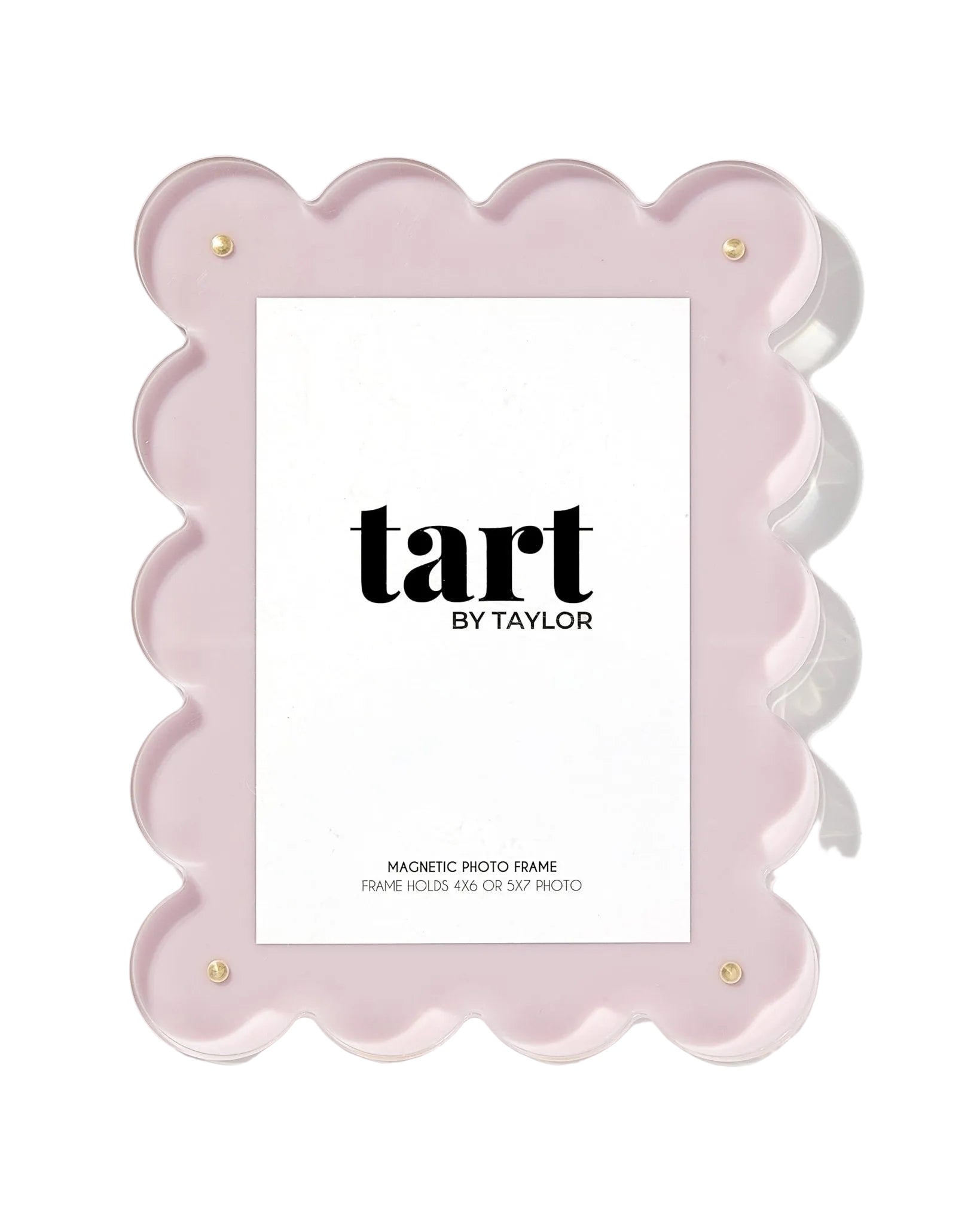 Pink scalloped photo frame with 'tart by Taylor' branding on a white background