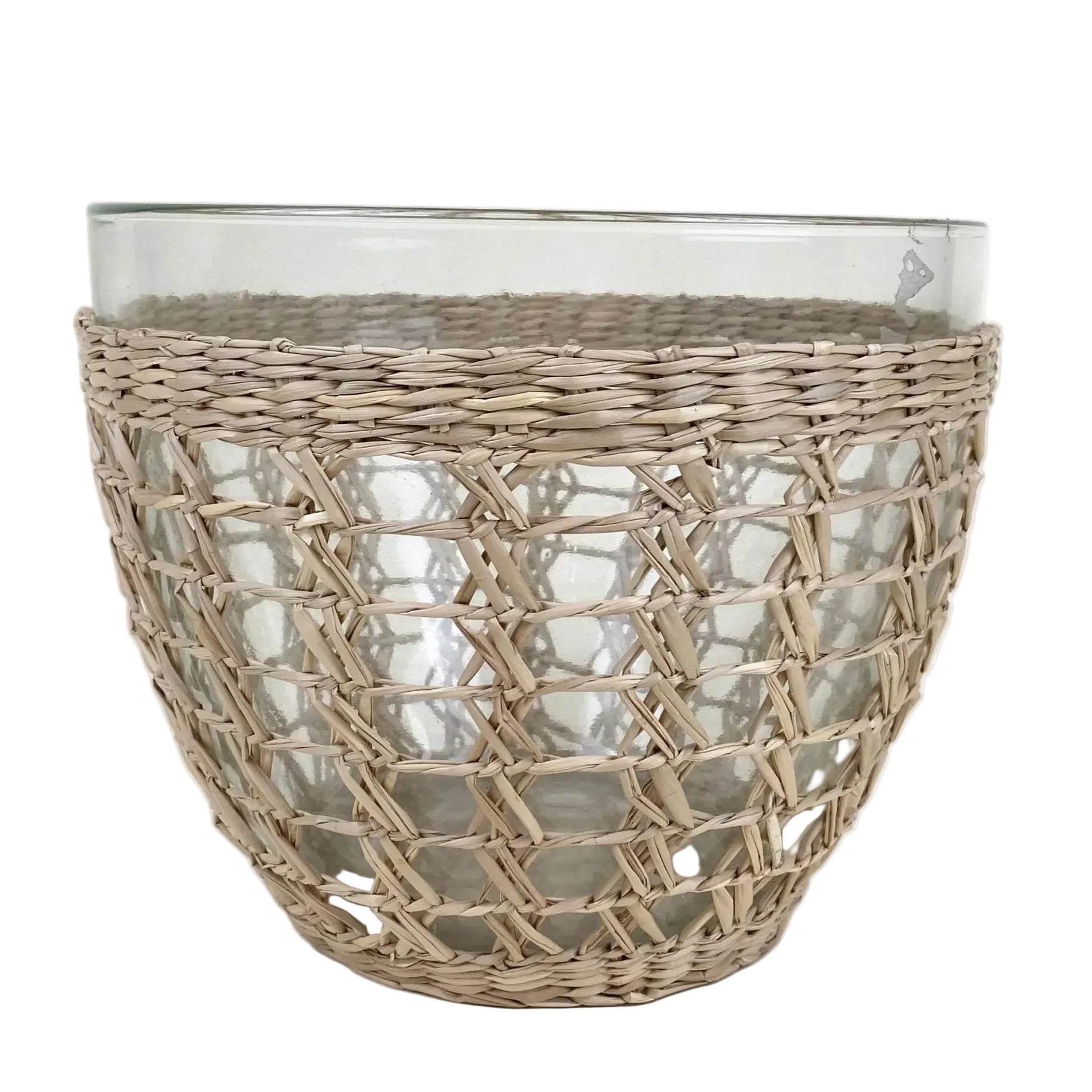 Glass vase with wicker basket design on a white background