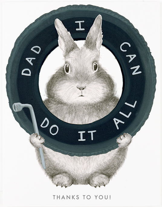 Illustration of a rabbit holding a tire with text inside on a white background