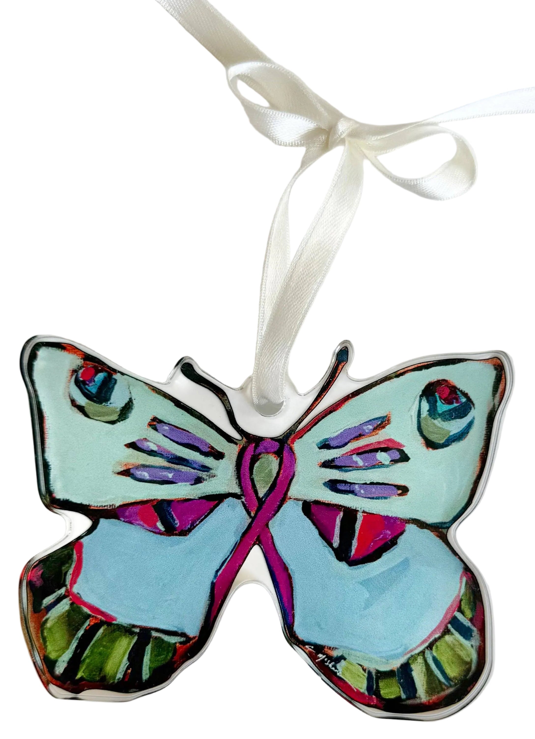 Colorful butterfly ornament with a white ribbon on a light gray background