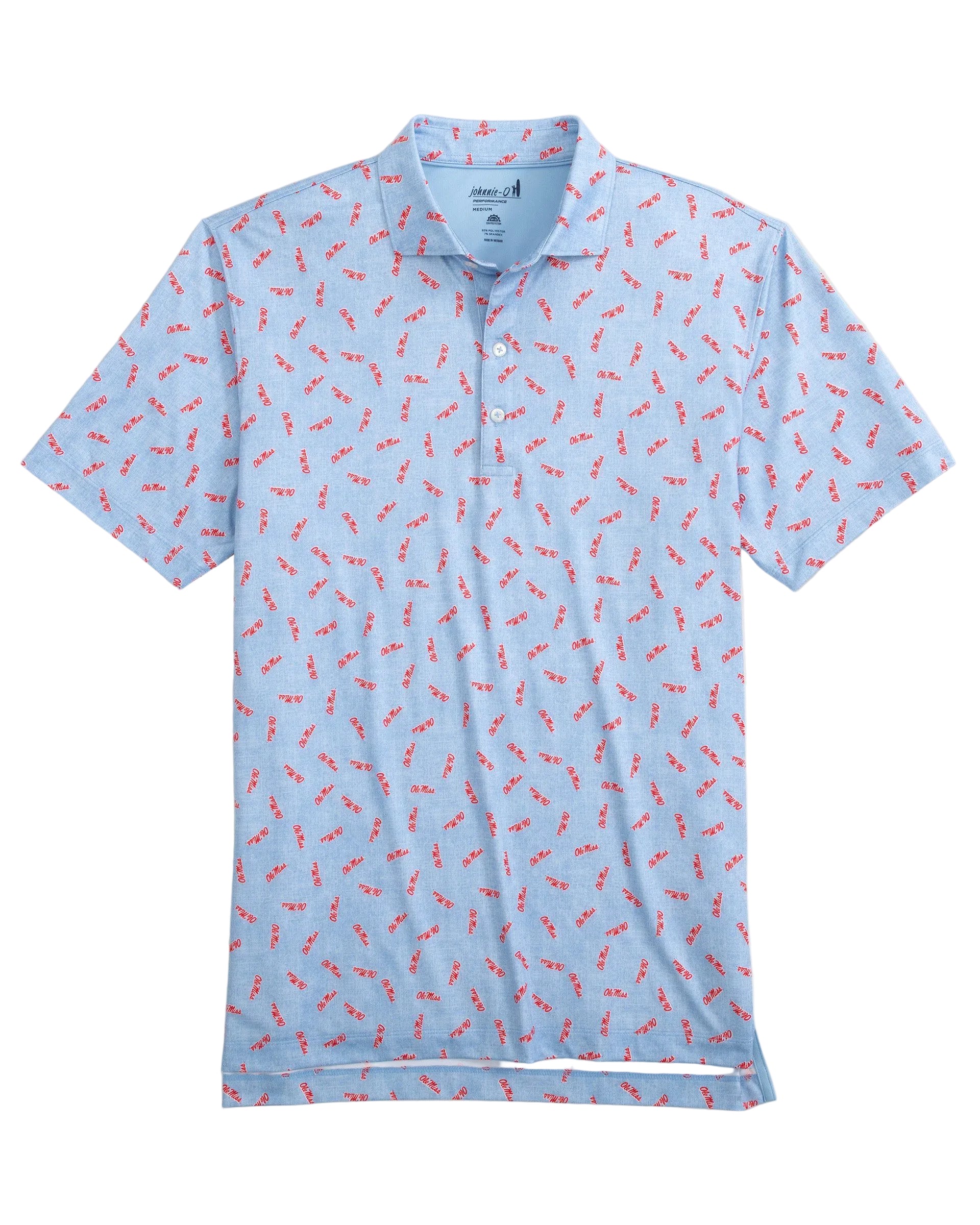 Light blue polo shirt with red pattern on a light gray background