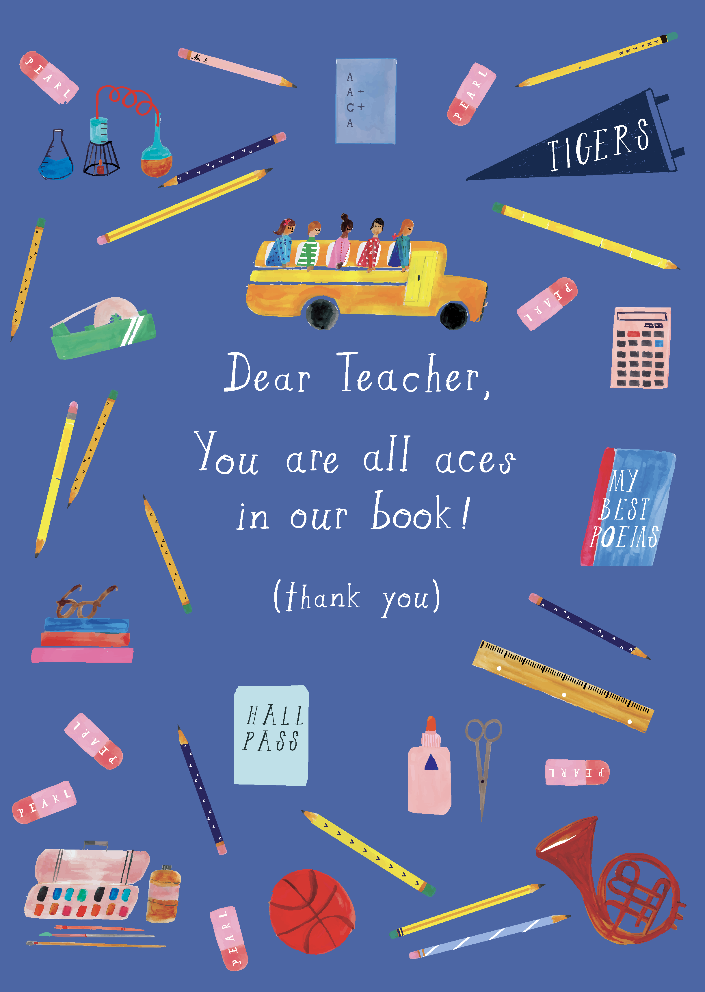 Card with school-themed illustrations and text on a blue background