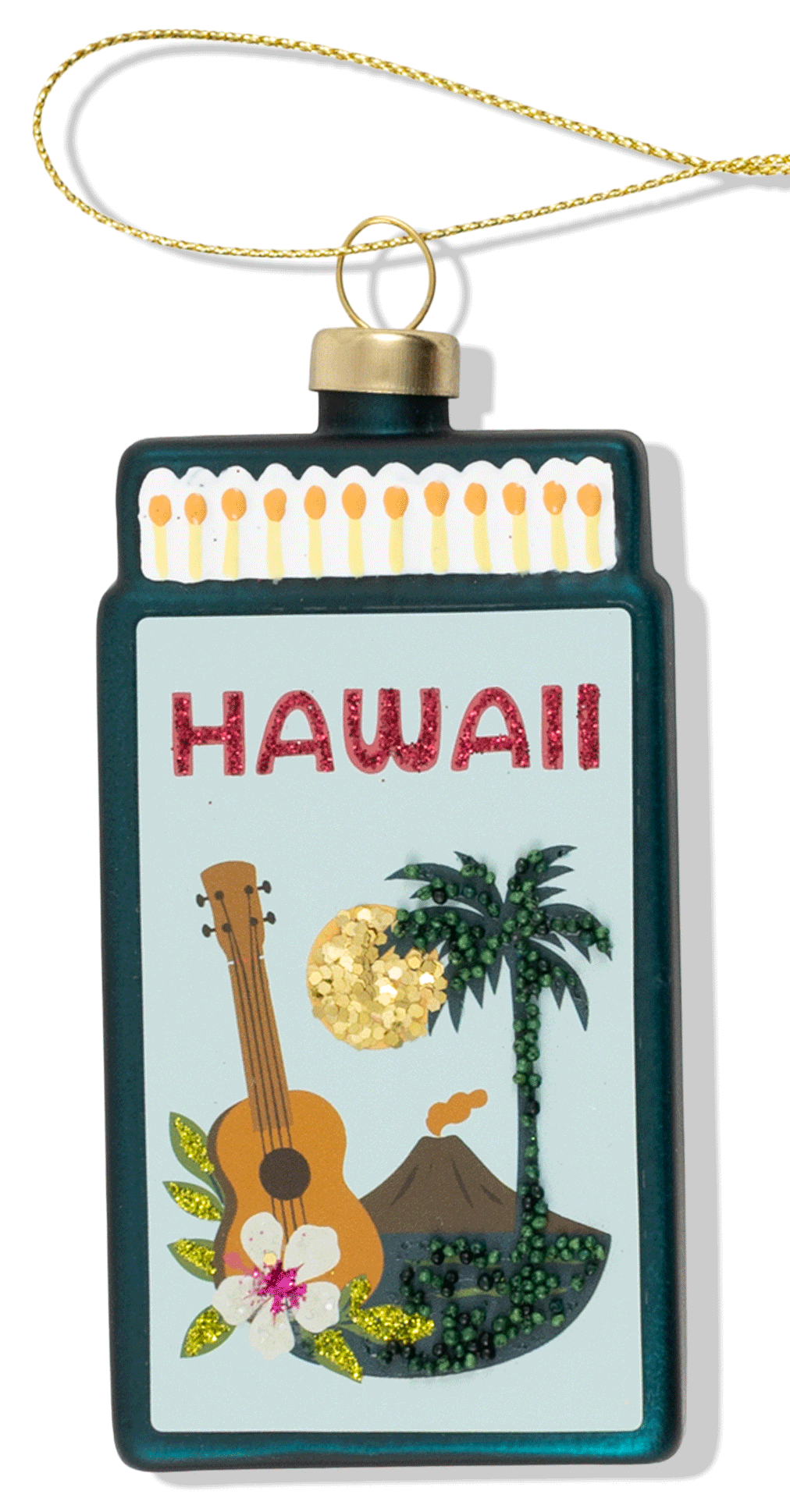 Decorative ornament with 'Hawaii' text, guitar, palm tree, and volcano design on a white background.