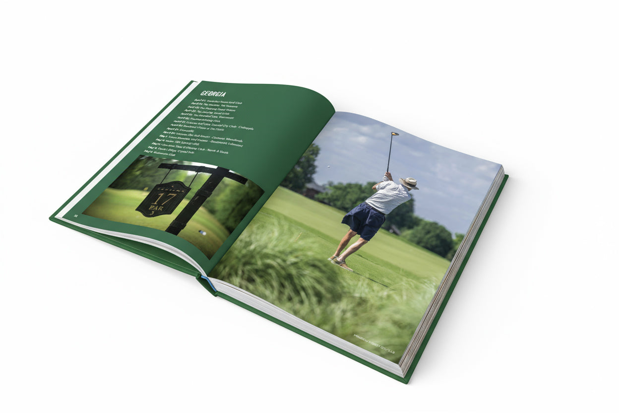 Open book showing a golfing scene with a person on a golf course.