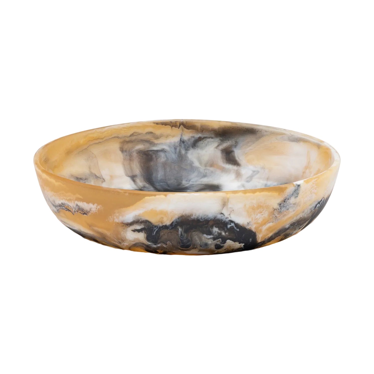Marbled ceramic bowl with gold, black, and white pattern on a light gray background