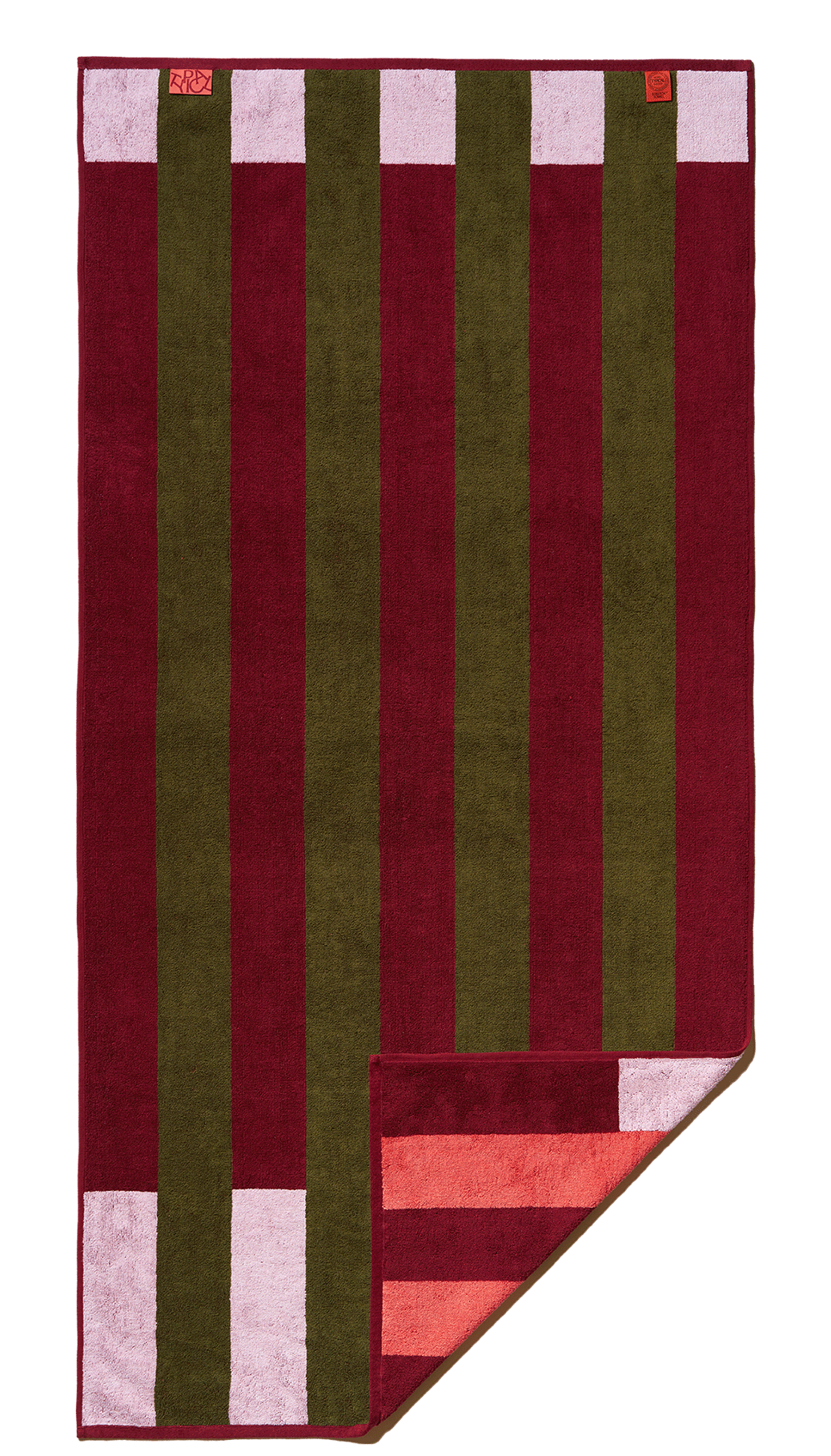 Striped towel with red, green, and pink pattern on a white background