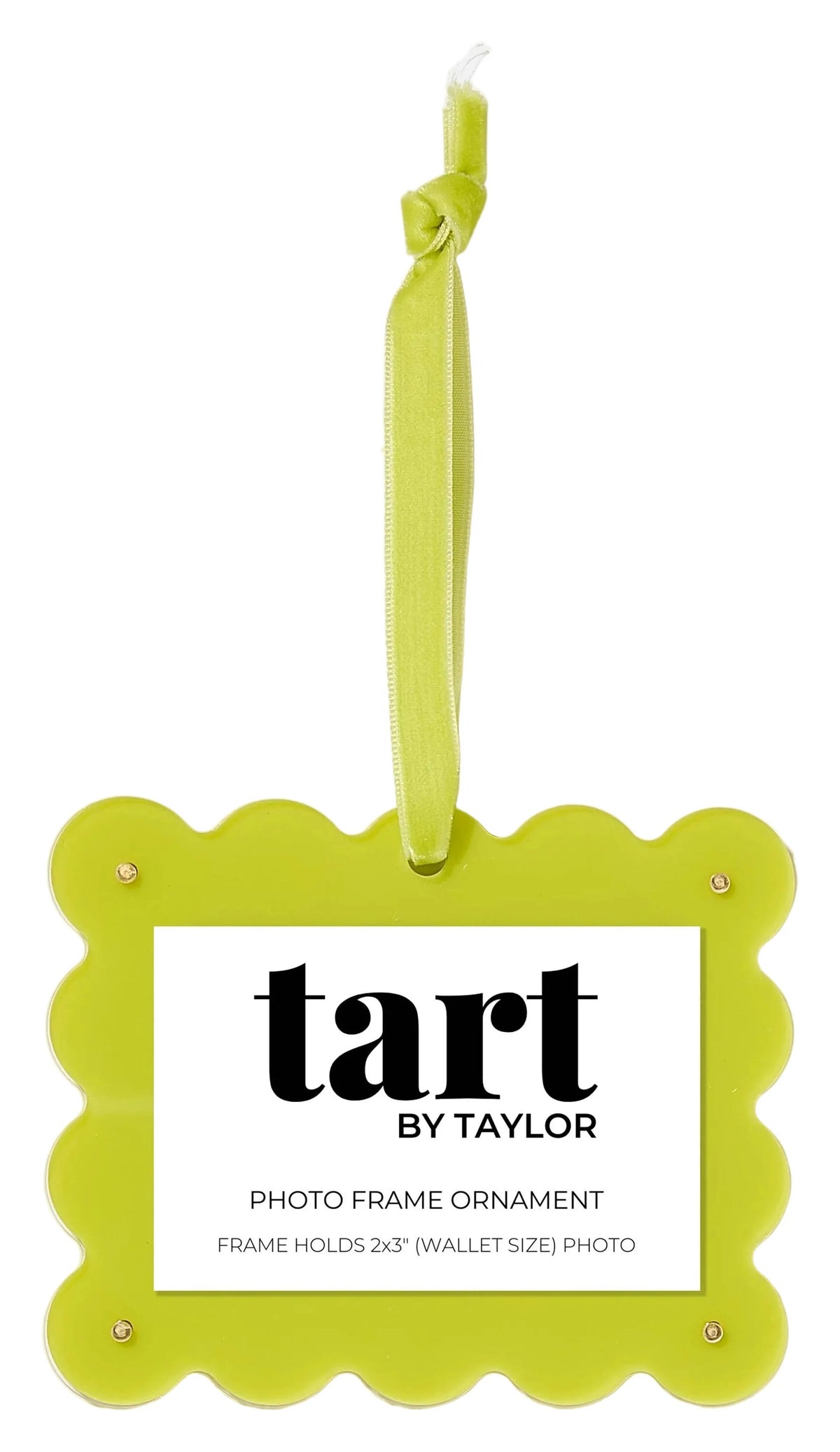 Yellow photo frame ornament with 'tart by Taylor' branding on a white background