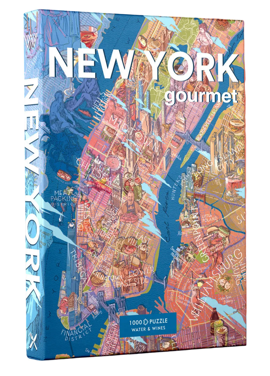 Jigsaw puzzle box with New York city map design on a blue and orange background