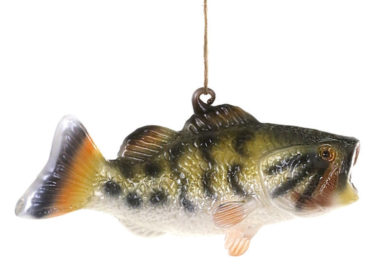 A realistic fishing lure shaped like a small perch fish, suspended by a thin line against a plain white background.