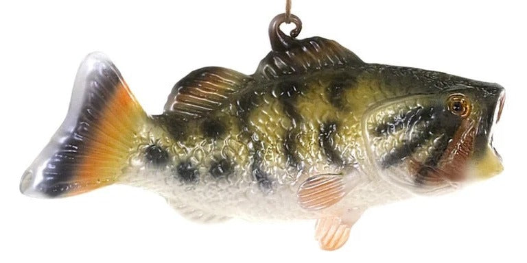 A realistic fishing lure shaped like a small perch fish, suspended by a thin line against a plain white background.