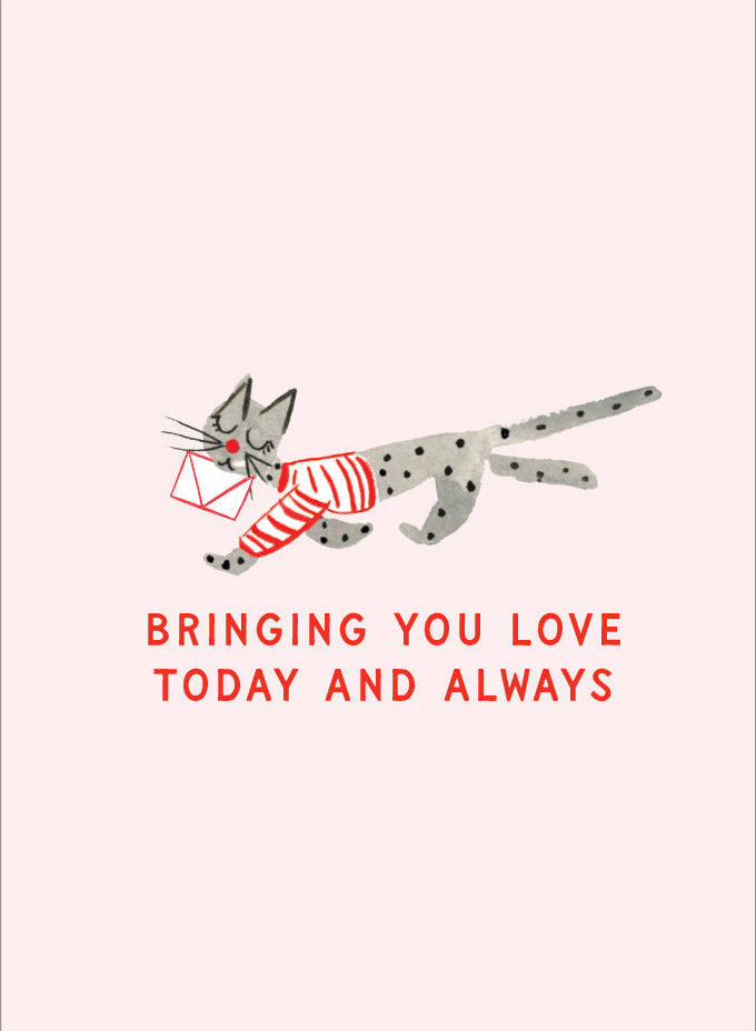 Card with a cat holding a heart and text 'Bringing you love today and always' on a pink background