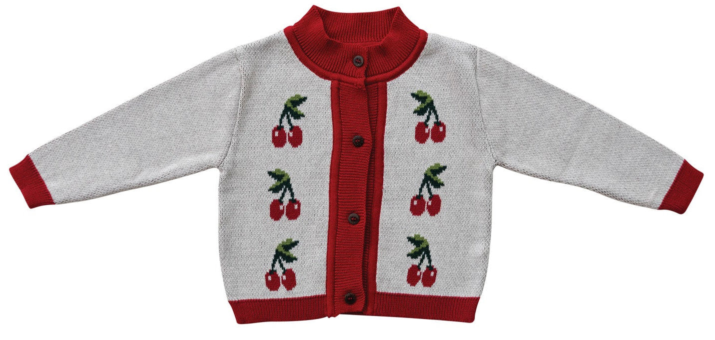 Children's cardigan with cherry pattern on a white background