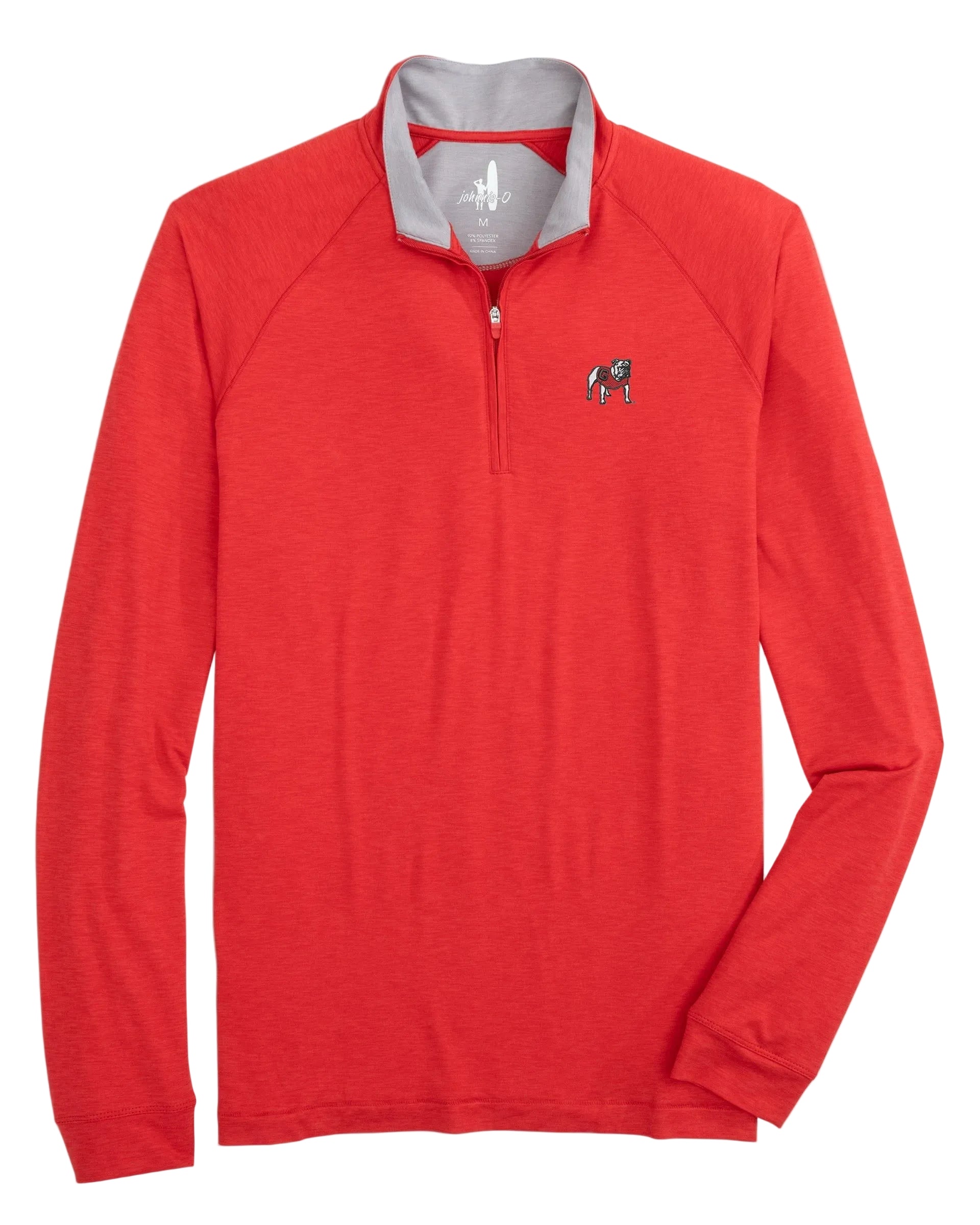 Red long-sleeve shirt with a small logo on a light gray background