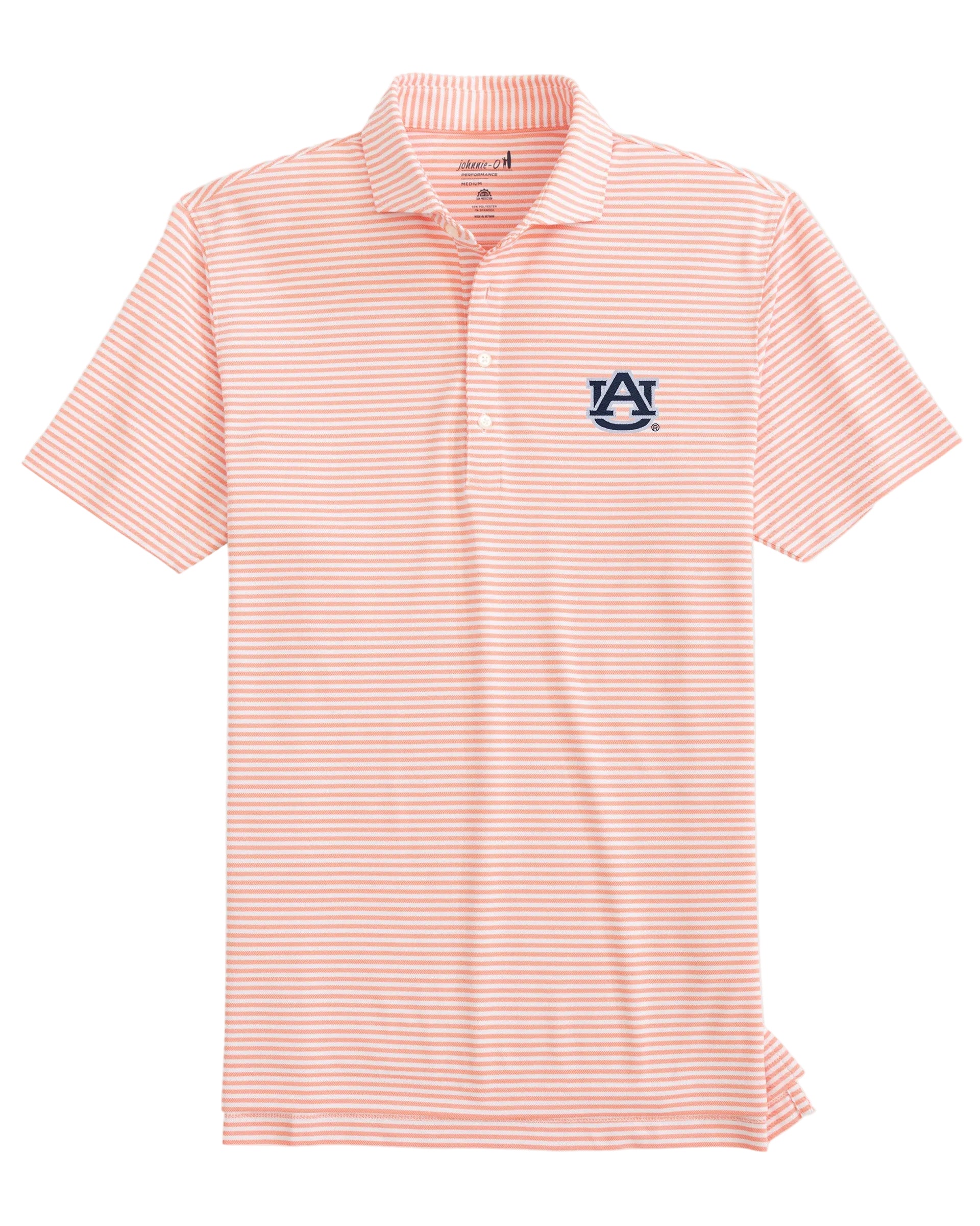 Pink striped polo shirt with a logo on a light gray background