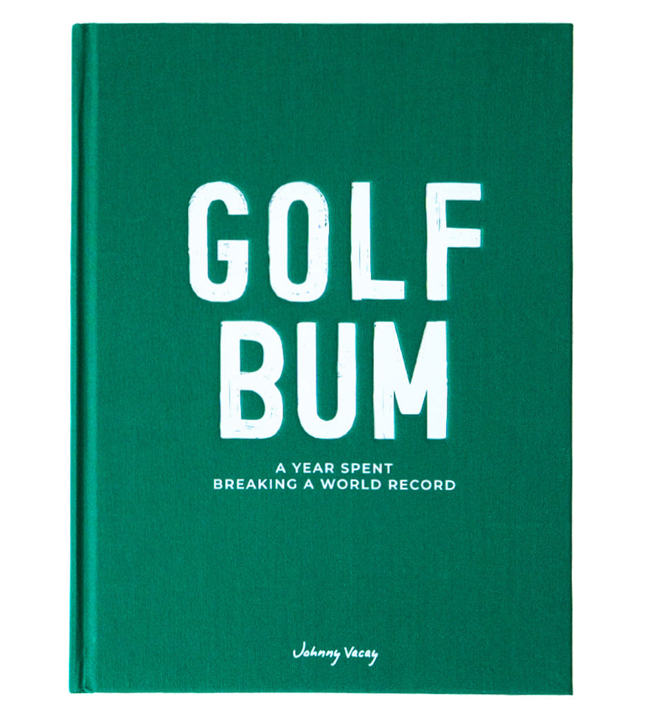 Green book titled 'Golf Bum' with white text on a white background