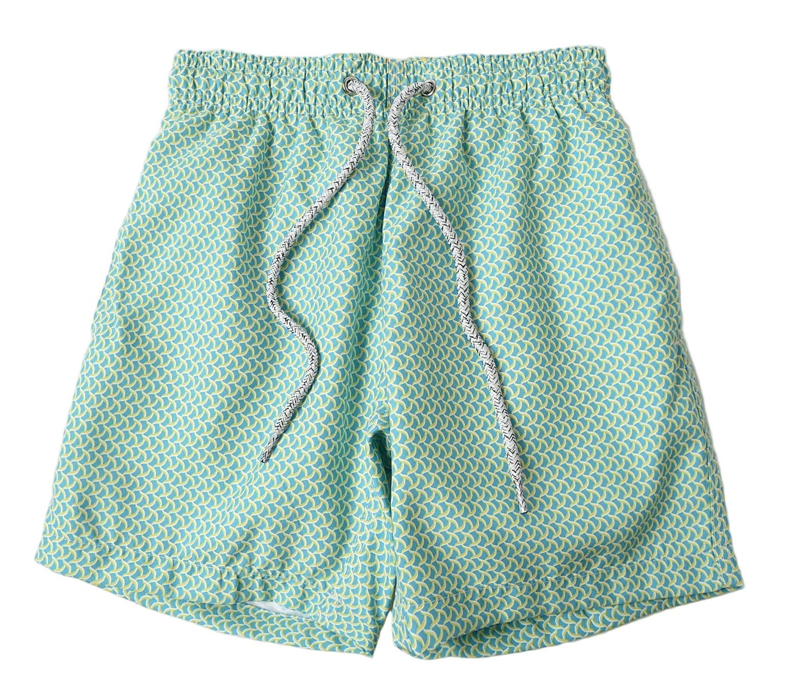 Green patterned shorts with a drawstring on a white background