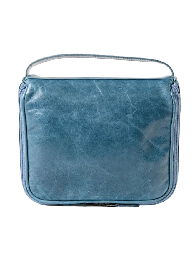 Blue rectangular pouch with a handle on a white background