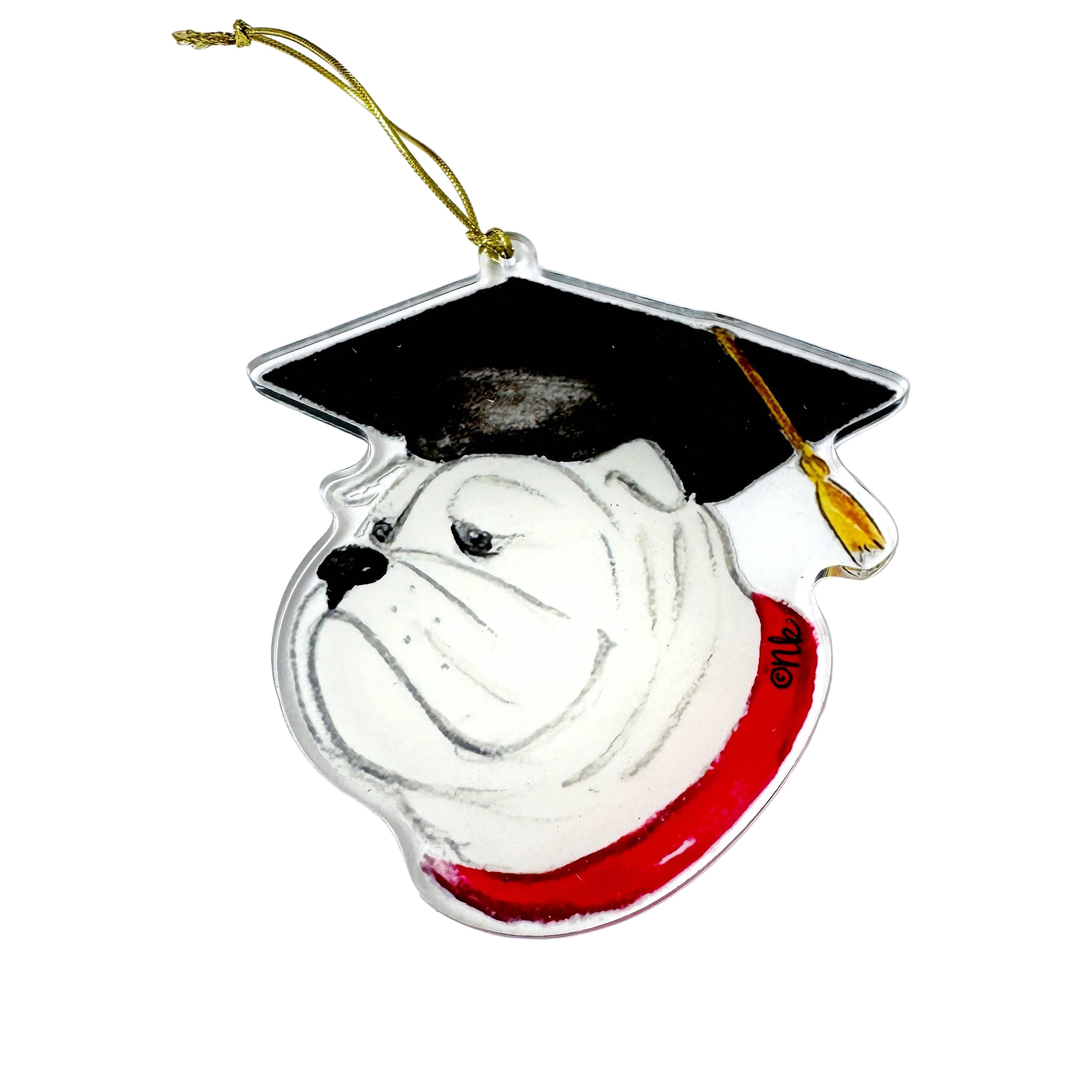 Decorative ornament with a bulldog wearing a graduation cap and gown on a white background