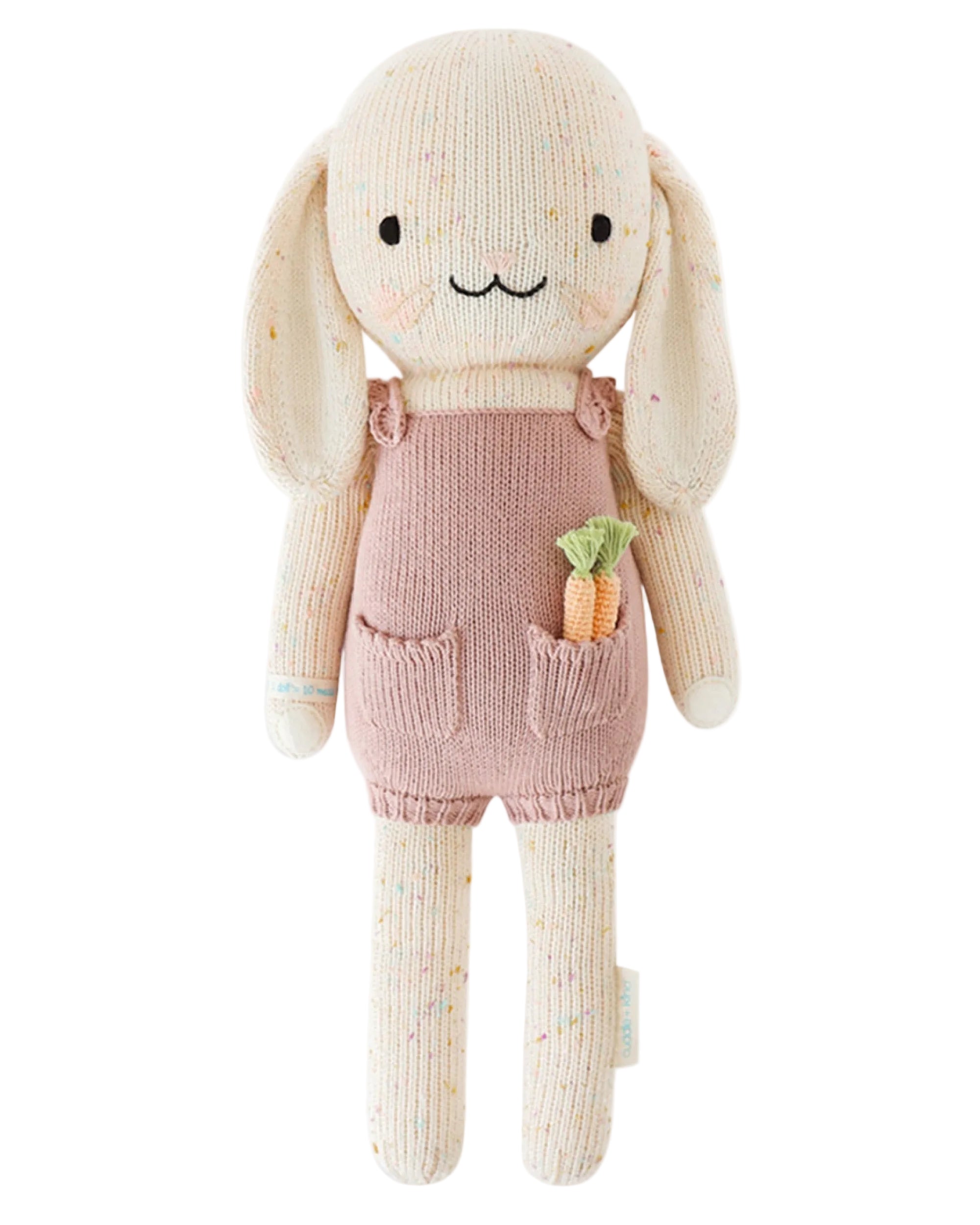 Plush toy rabbit in a pink outfit with a carrot on a white background
