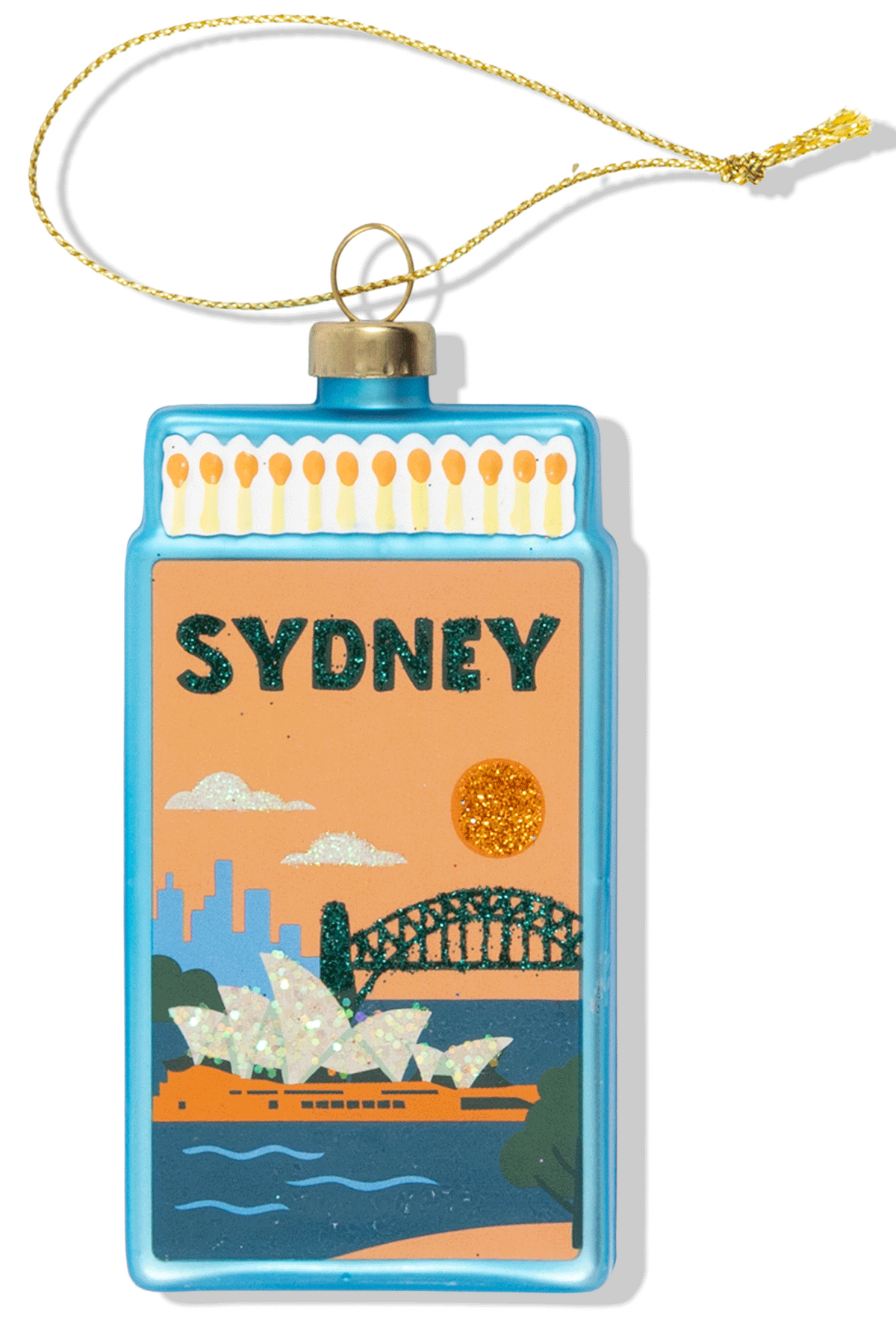 Decorative matchbox-shaped ornament with Sydney design on a white background