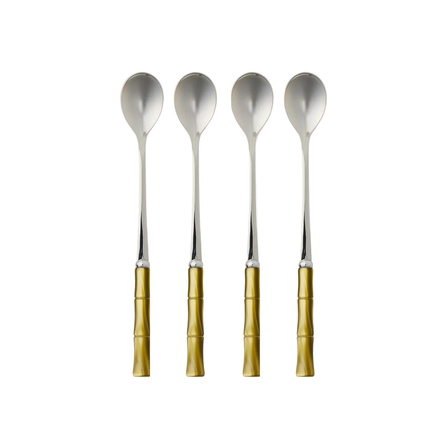 Four silver spoons with gold bamboo handles on a white background