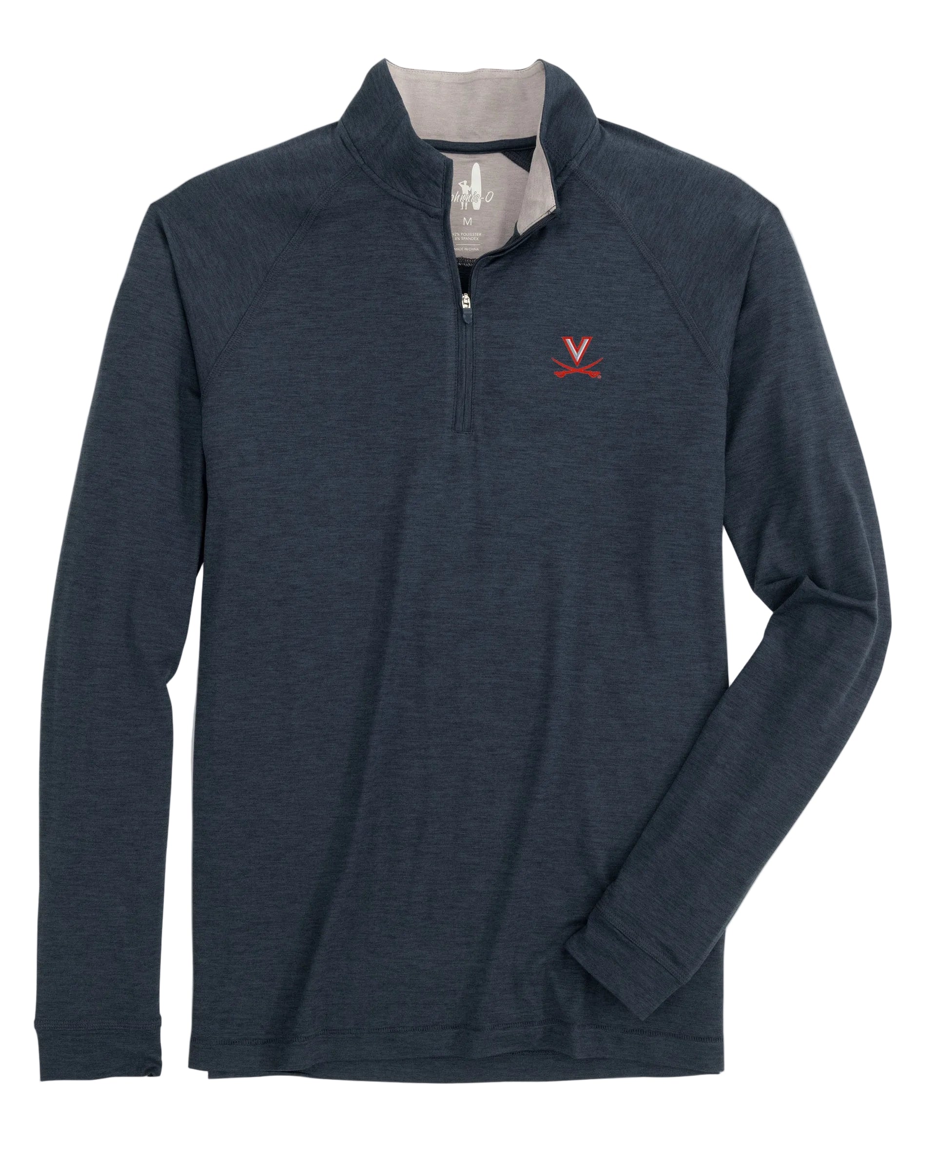 Navy long-sleeve shirt with a small logo on a light gray background