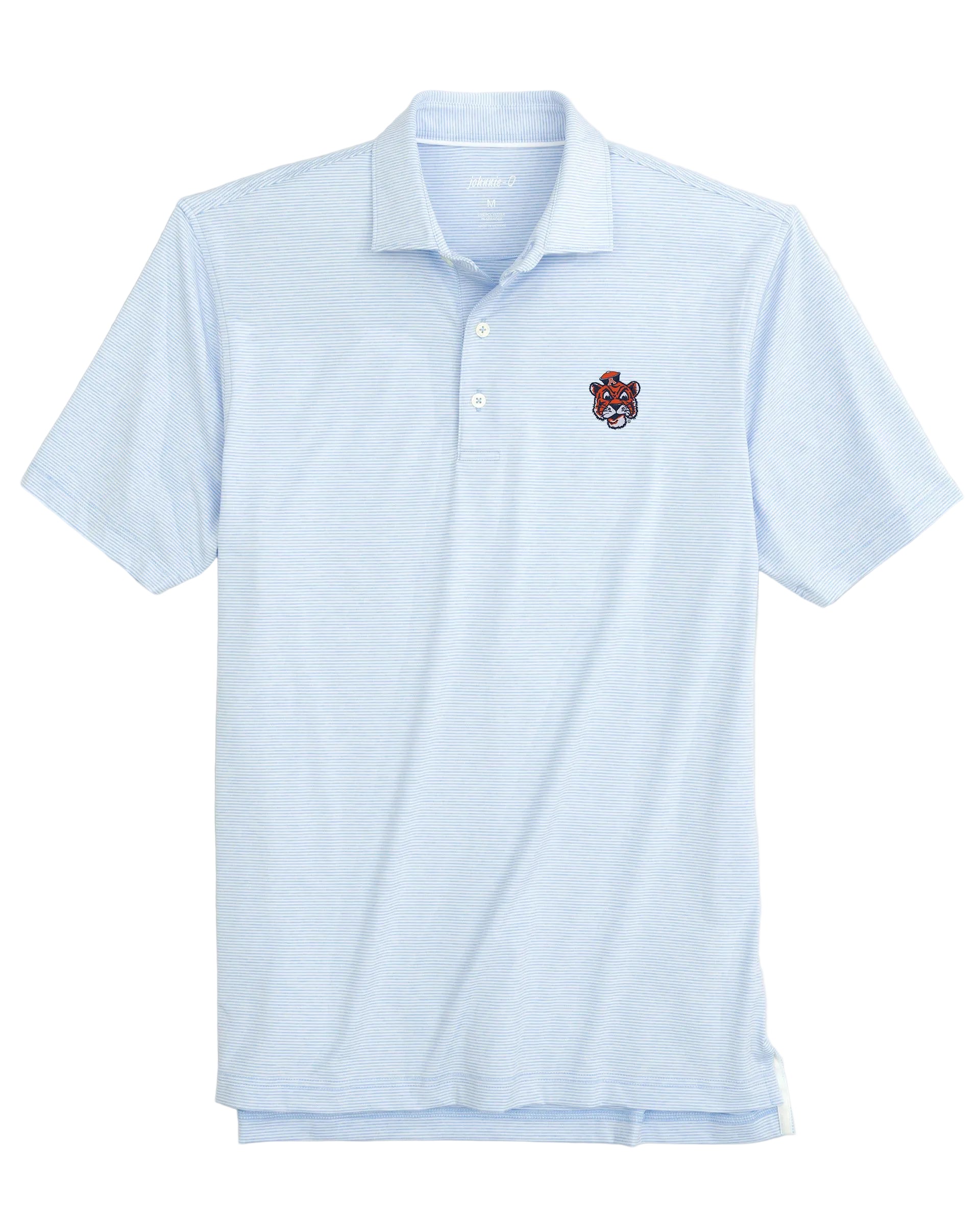 A light blue short-sleeve polo shirt with a small clemson vault embroidered tiger crest logo on the left chest, displayed on a neutral light gray background.