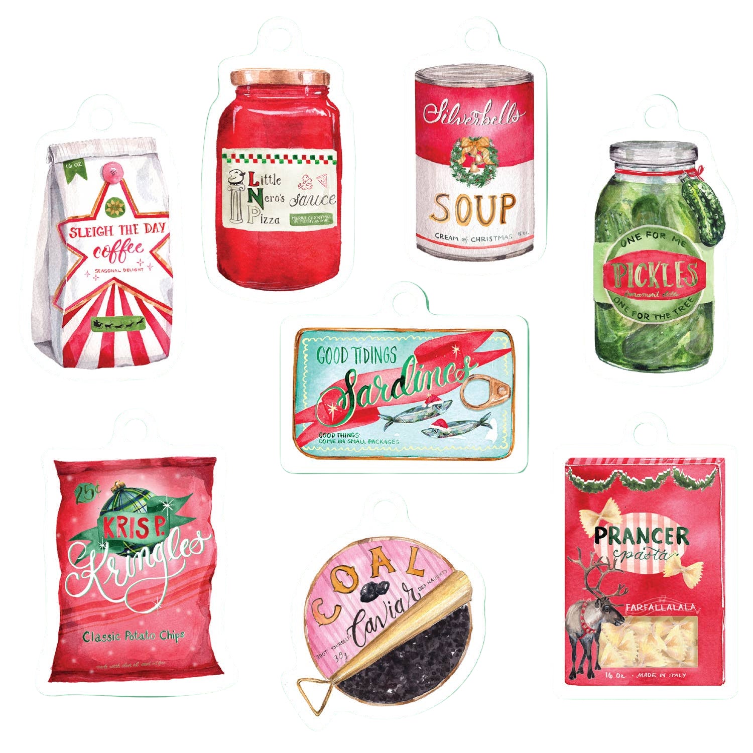 Set of vintage-style food packaging ornaments on a green background