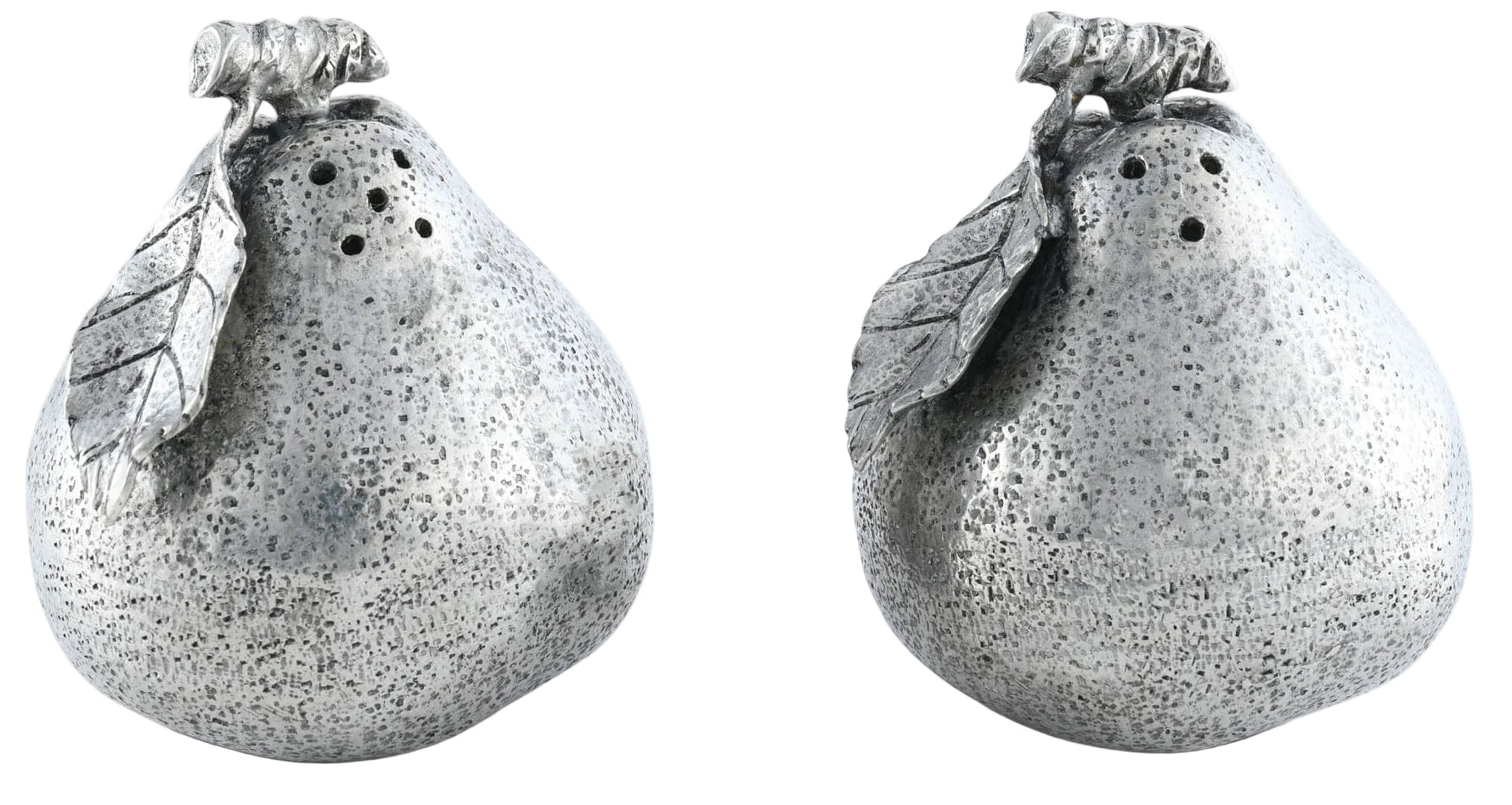 Two silver pear-shaped salt and pepper shakers on a white background