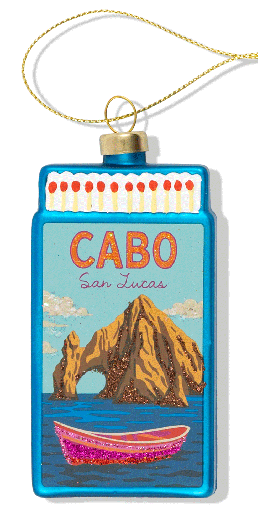 Decorative ornament with 'Cabo San Lucas' design featuring a boat and mountain.