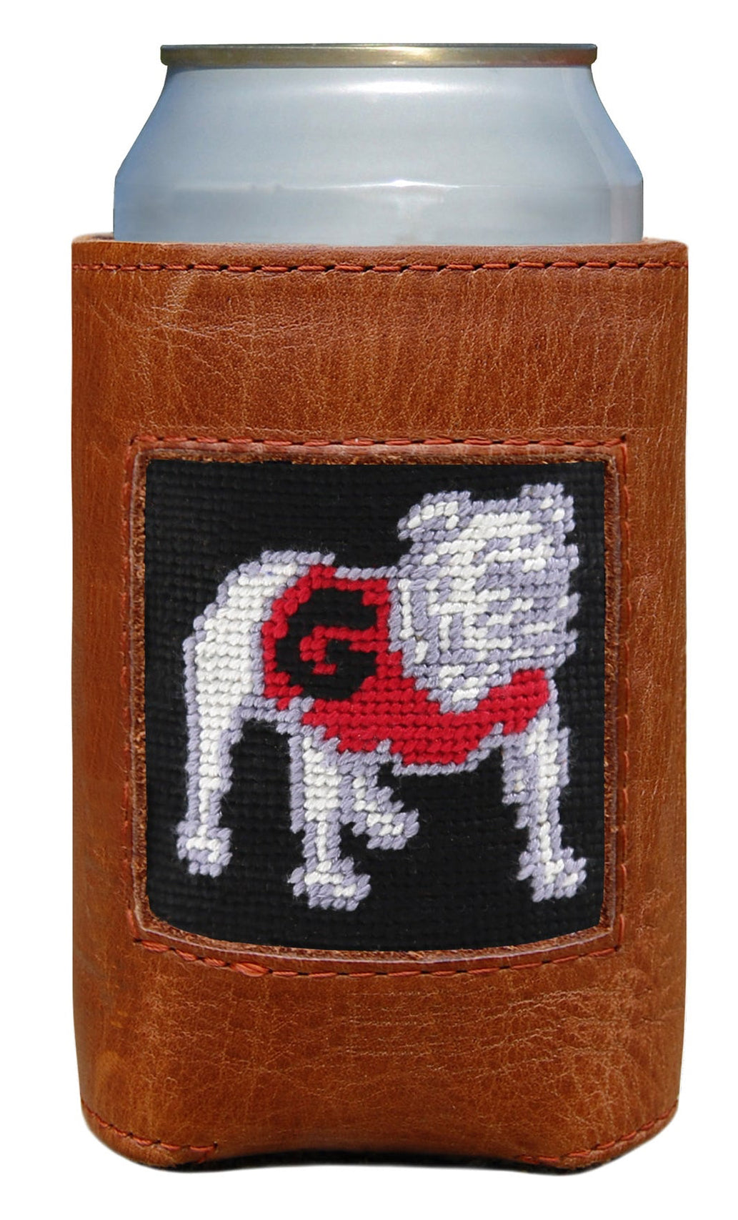 Brown leather can cooler with a bulldog design on a white background