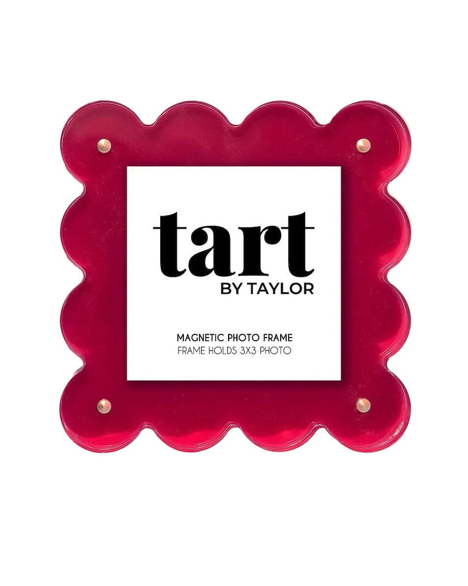 Red scalloped photo frame with 'tart by Taylor' branding on a white background
