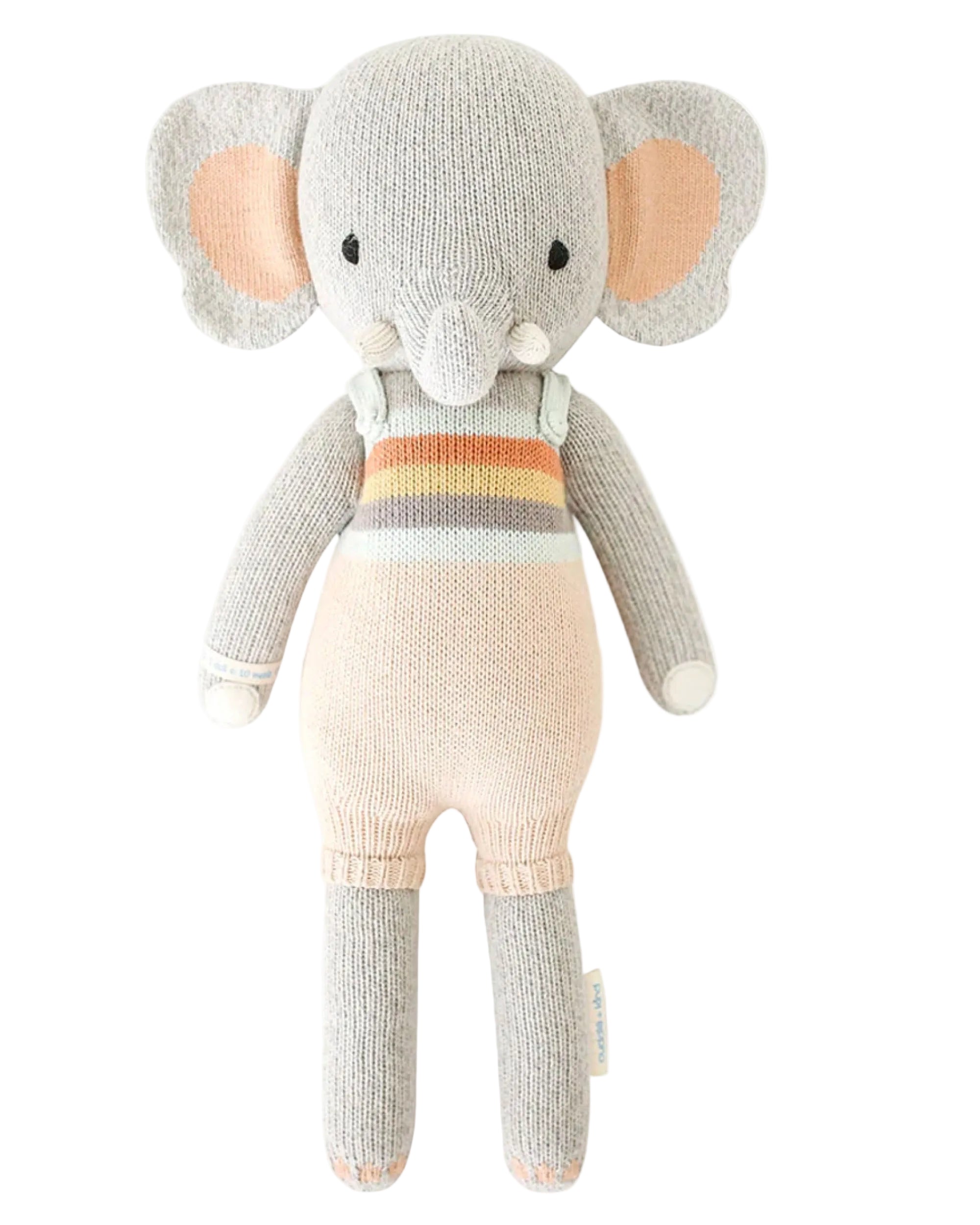 Knitted elephant toy with a striped sweater on a white background
