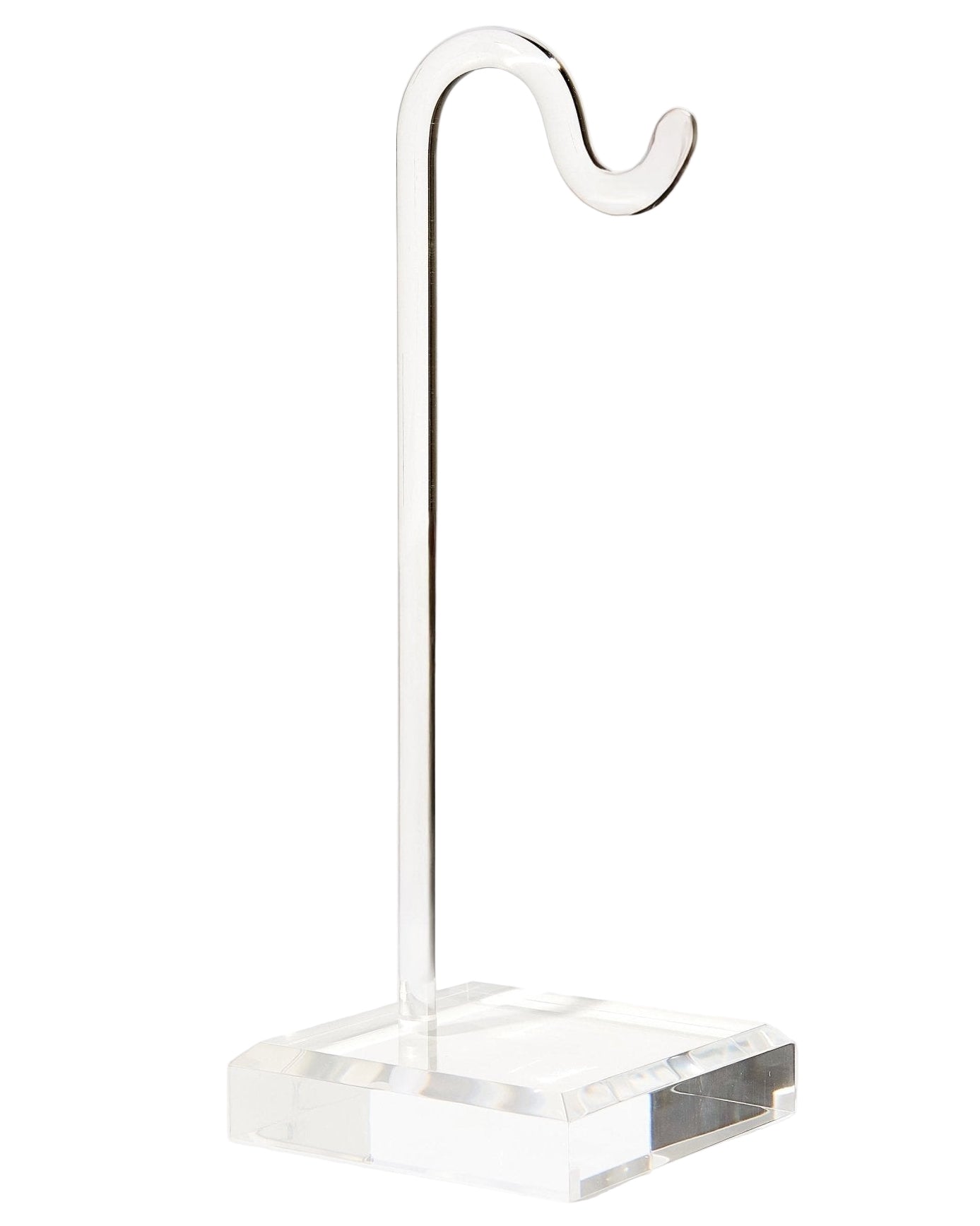 Clear acrylic stand with curved hook on a white background