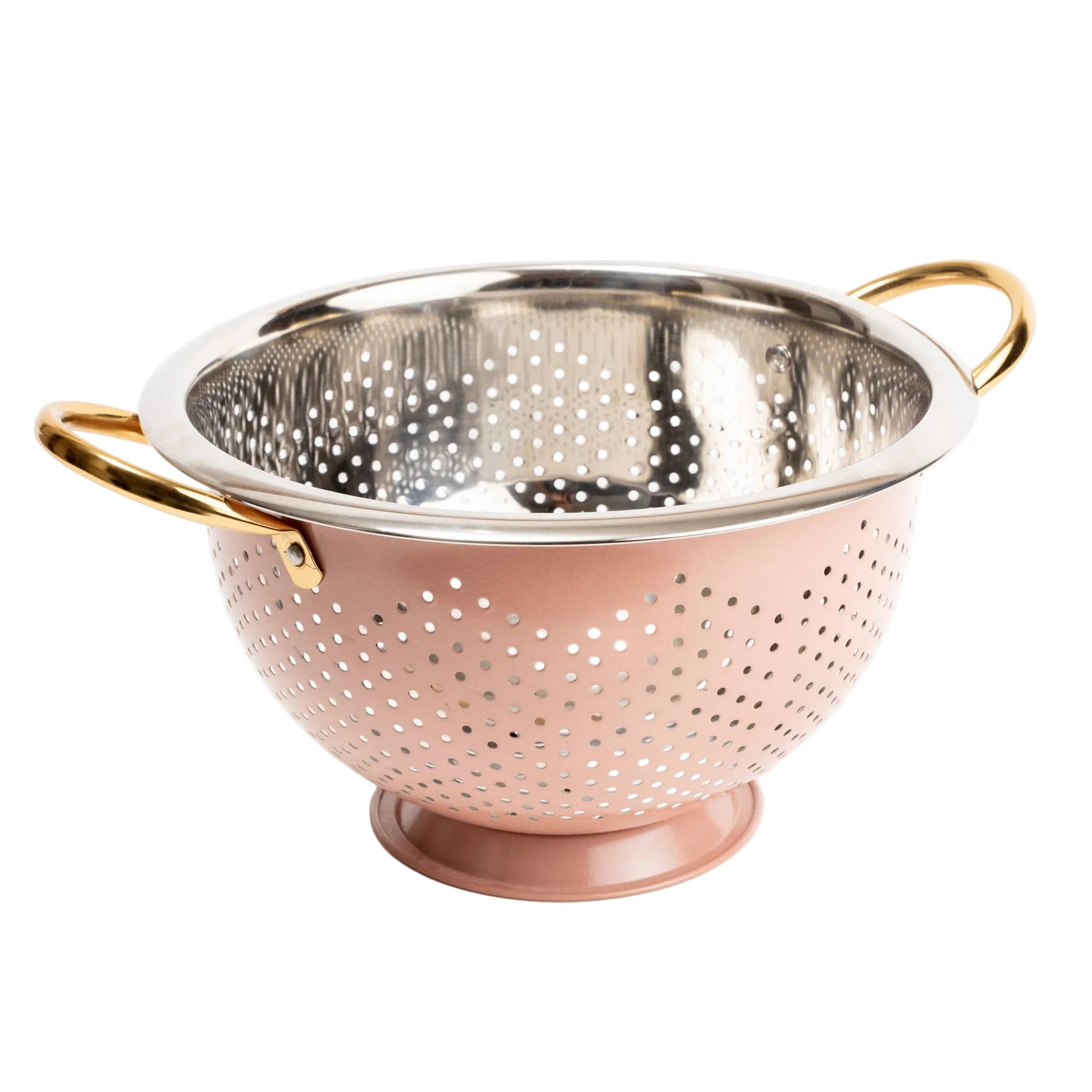 Rose gold colander with gold handles on a white background