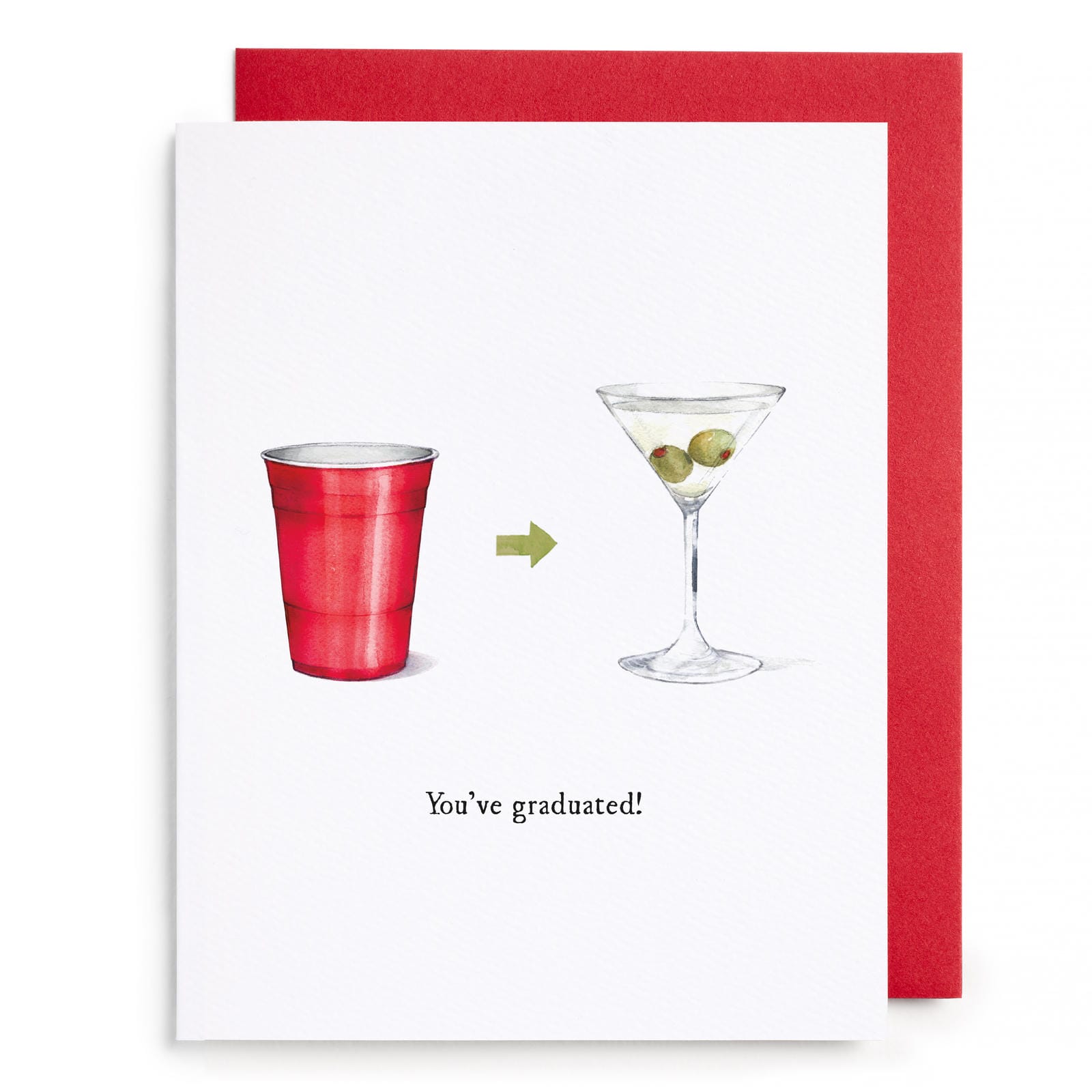 Graduation card with red cup and martini glass illustration on a white background