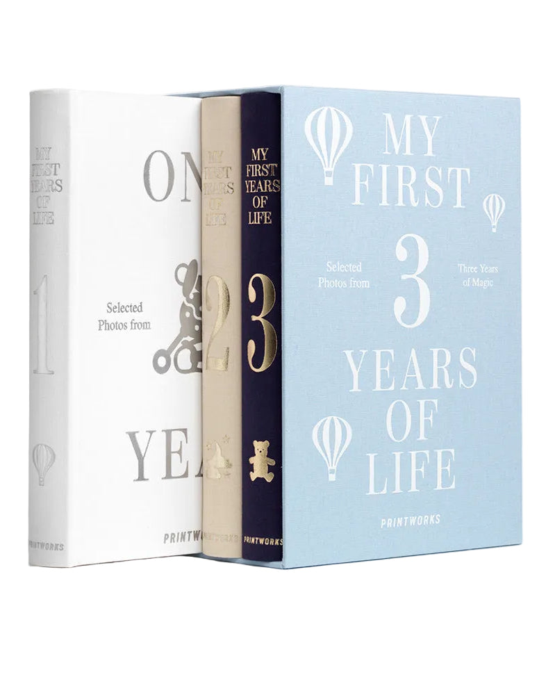Three books titled 'My First Year', 'My First Three Years of Life', and 'My First Five Years' on a white background.